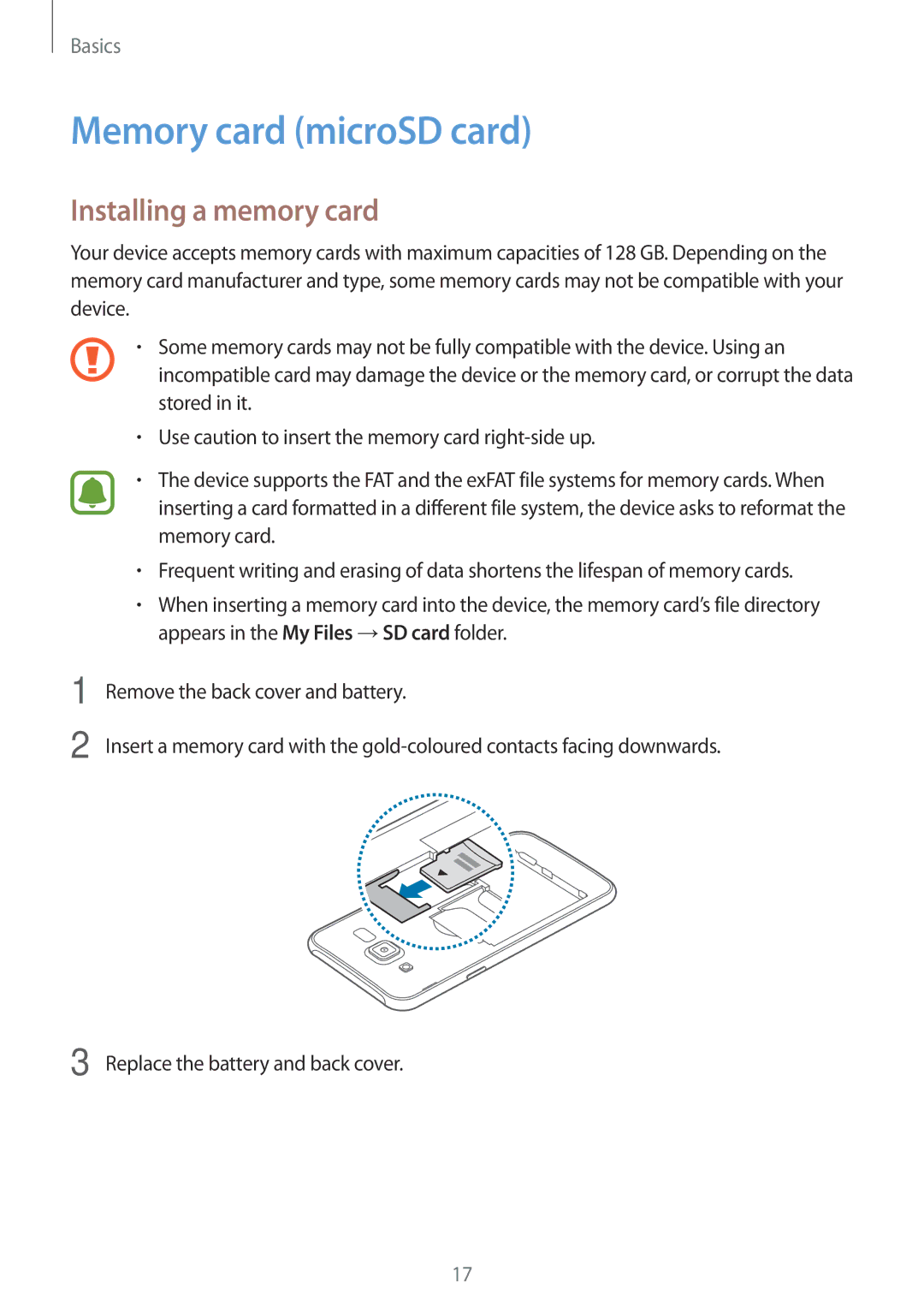 Samsung SM-J500FZWAXEO, SM-J500FZWASEB, SM-J500FZWAEUR, SM-J500FZWADBT Memory card microSD card, Installing a memory card 