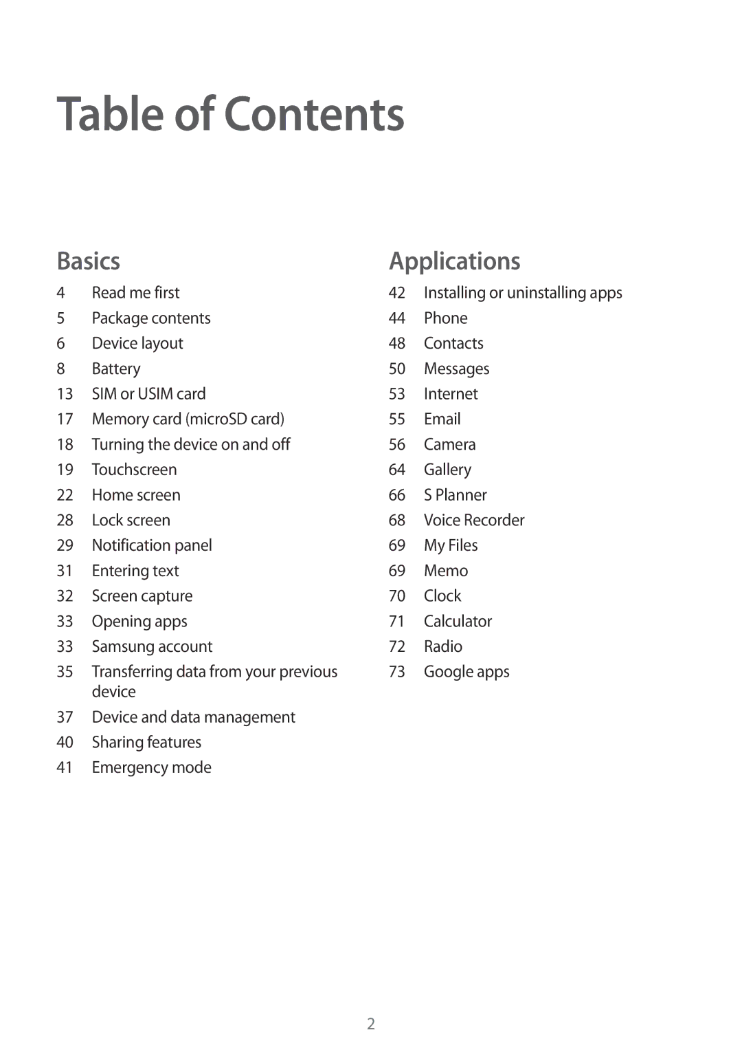 Samsung SM-J500FZWADBT, SM-J500FZWASEB, SM-J500FZWAEUR, SM-J500FZWAATO, SM-J500FZKDXEO, SM-J500FZKDEUR manual Table of Contents 