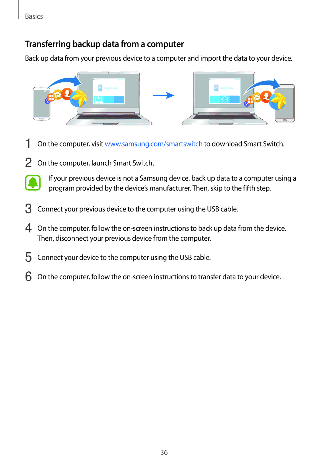 Samsung SM-J500FZDATPH, SM-J500FZWASEB manual Transferring backup data from a computer, On the computer, launch Smart Switch 