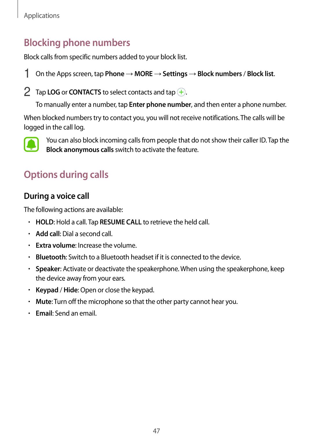 Samsung SM-J500FZWDAUT, SM-J500FZWASEB, SM-J500FZWAEUR Blocking phone numbers, Options during calls, During a voice call 