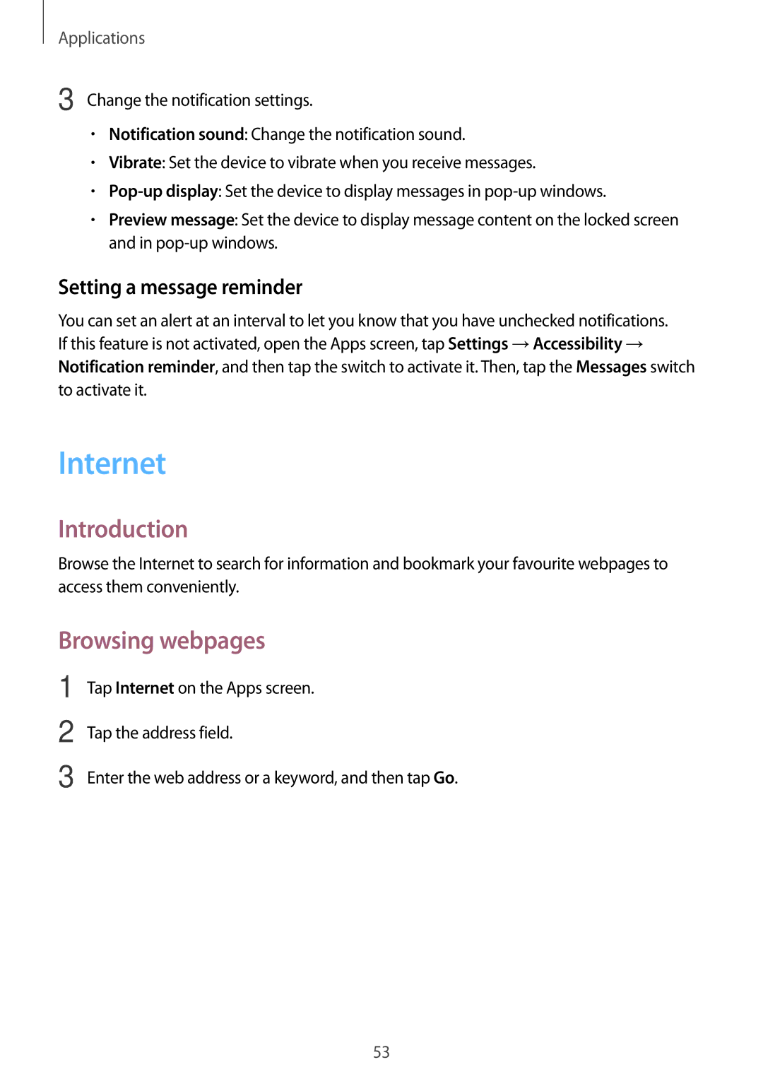 Samsung SM-J500FZKDMWD, SM-J500FZWASEB, SM-J500FZWAEUR manual Internet, Browsing webpages, Setting a message reminder 