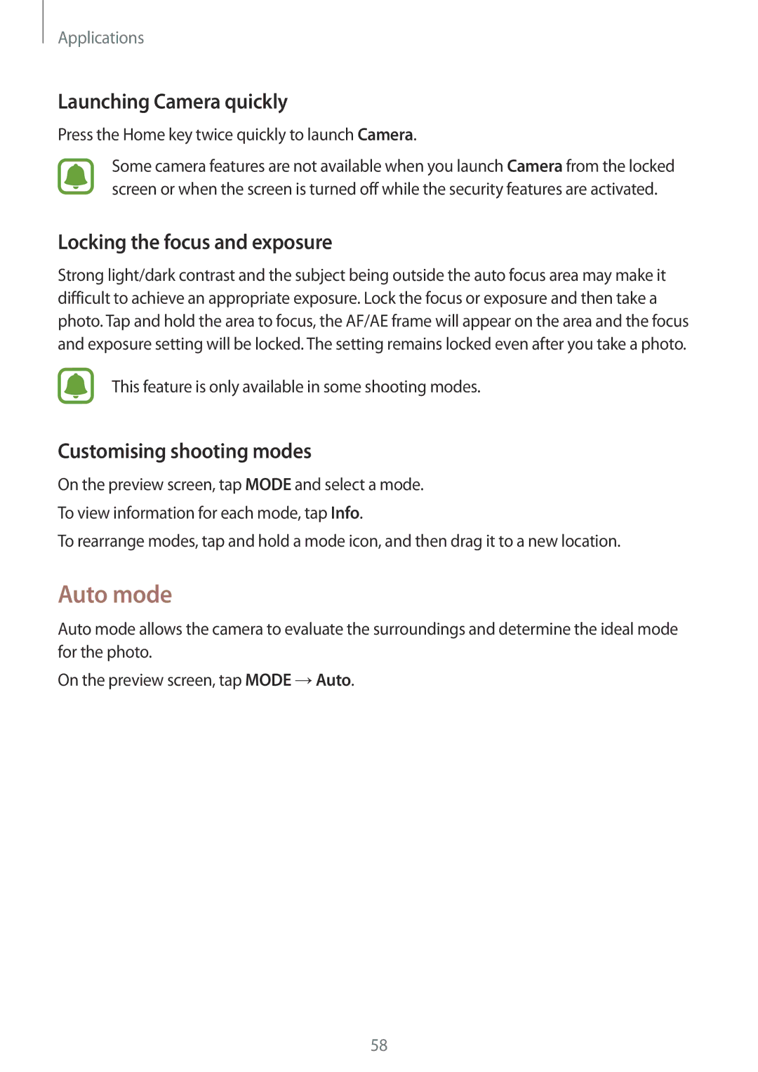 Samsung SM-J500FZWDMWD Auto mode, Launching Camera quickly, Locking the focus and exposure, Customising shooting modes 