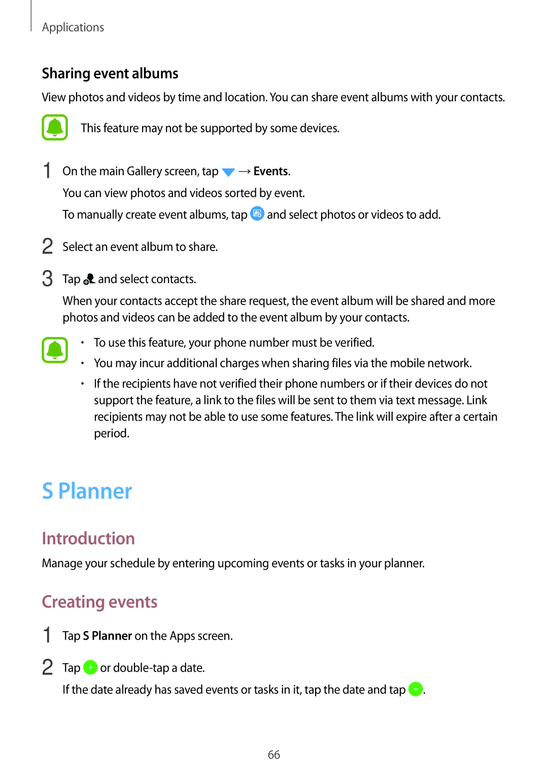 Samsung SM-J500HZWDKSA, SM-J500FZWASEB, SM-J500FZWAEUR, SM-J500FZWADBT manual Planner, Creating events, Sharing event albums 