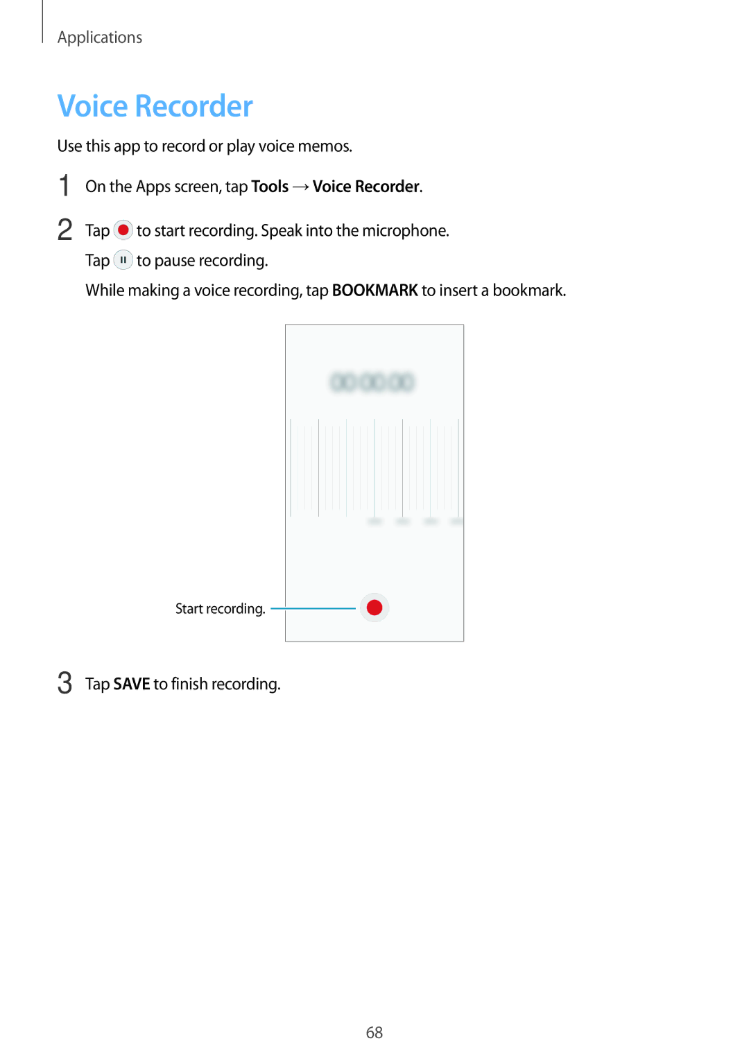 Samsung SM-J700HZWDKSA, SM-J500FZWASEB, SM-J500FZWAEUR, SM-J500FZWADBT manual Voice Recorder, Tap Save to finish recording 