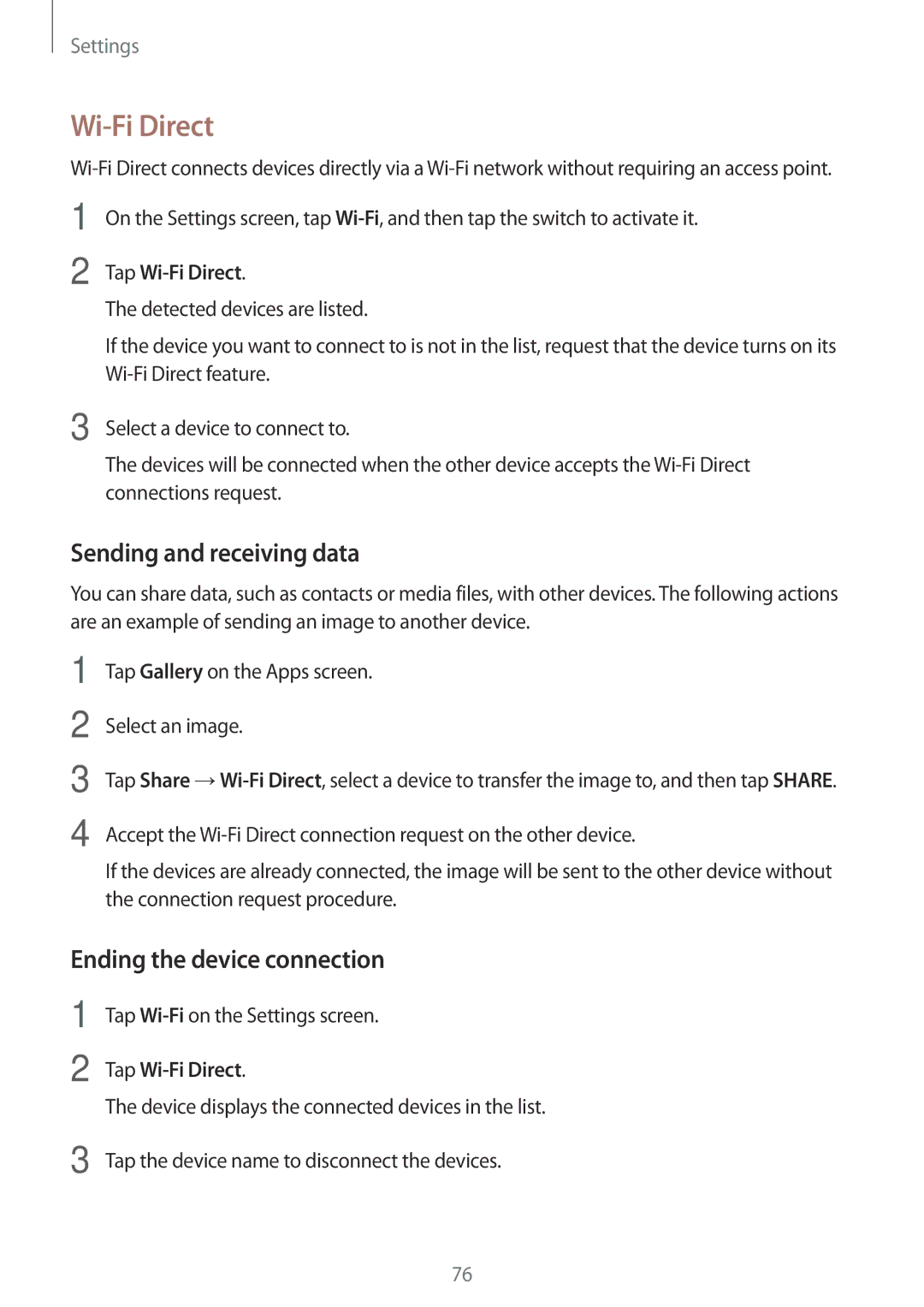 Samsung SM-J500FZDDROM, SM-J500FZWASEB manual Wi-Fi Direct, Sending and receiving data, Ending the device connection 