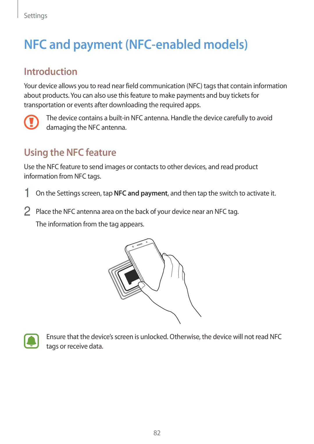 Samsung SM-J500FZWAVDH, SM-J500FZWASEB, SM-J500FZWAEUR manual NFC and payment NFC-enabled models, Using the NFC feature 