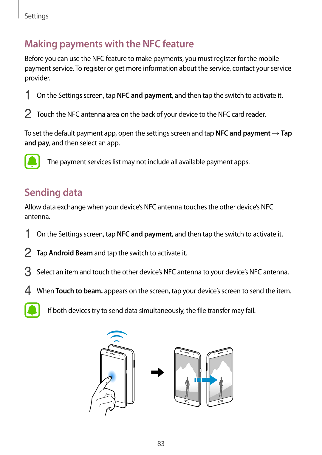 Samsung SM-J500FZWAETL, SM-J500FZWASEB, SM-J500FZWAEUR, SM-J500FZWADBT Making payments with the NFC feature, Sending data 