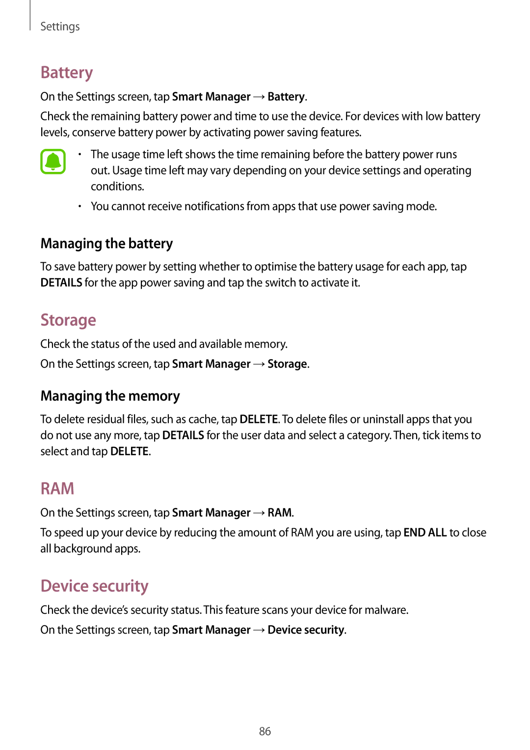 Samsung SM2J500FZWAETL, SM-J500FZWASEB manual Battery, Storage, Device security, Managing the battery, Managing the memory 