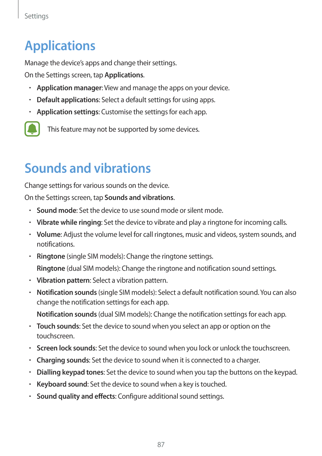 Samsung SM2J500FZKDETL, SM-J500FZWASEB, SM-J500FZWAEUR, SM-J500FZWADBT, SM-J500FZWAATO Applications, Sounds and vibrations 