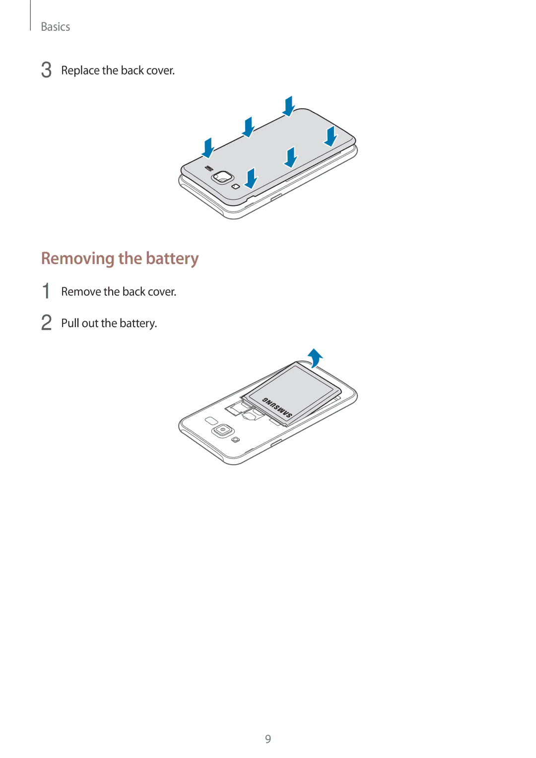 Samsung SM-J500FZKADBT manual Removing the battery, Replace the back cover, Remove the back cover Pull out the battery 