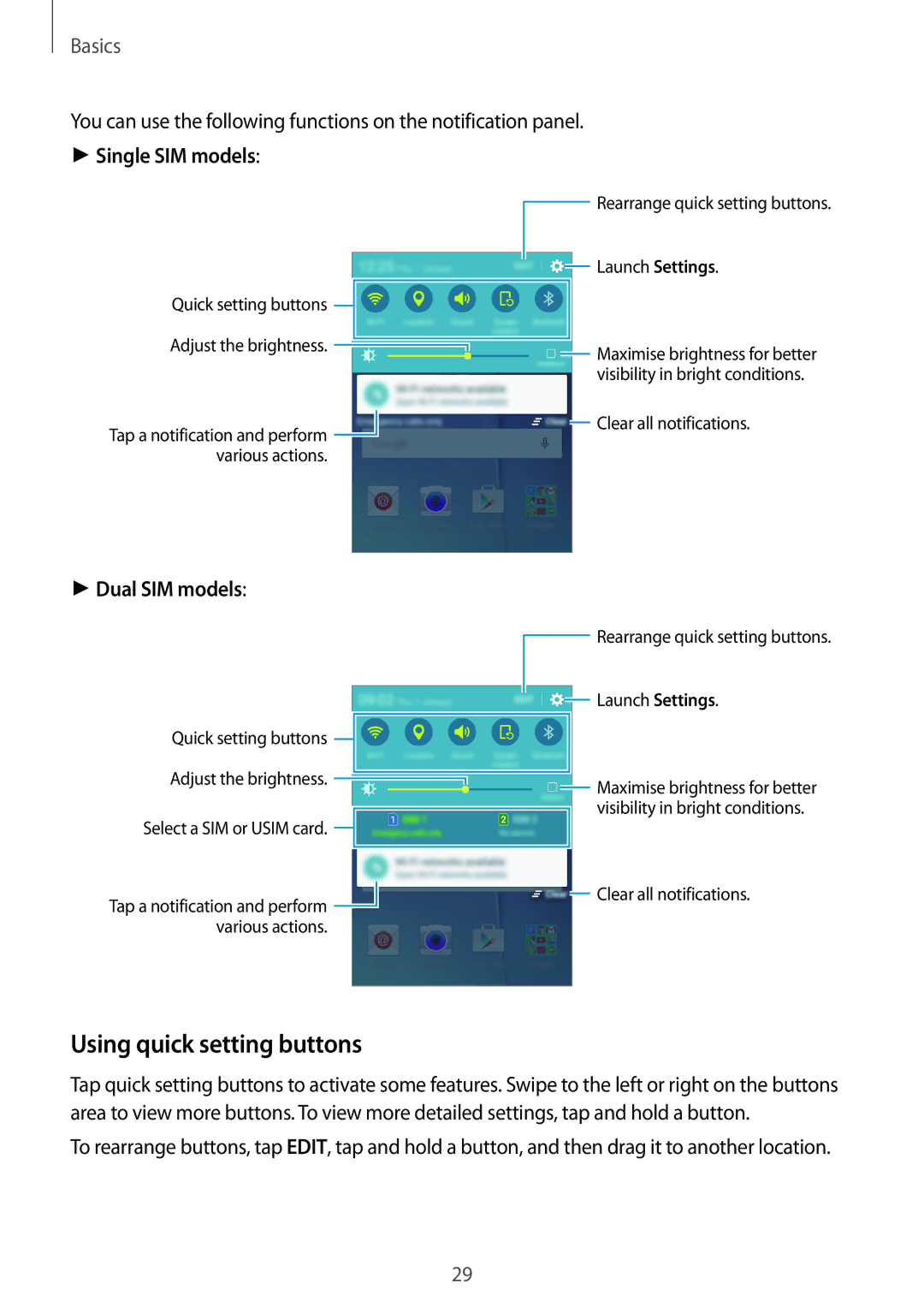 Samsung SM-J500FZWATPH, SM-J500FZWASEB, SM-J500FZWAEUR, SM-J500FZWADBT manual Using quick setting buttons, Single SIM models 