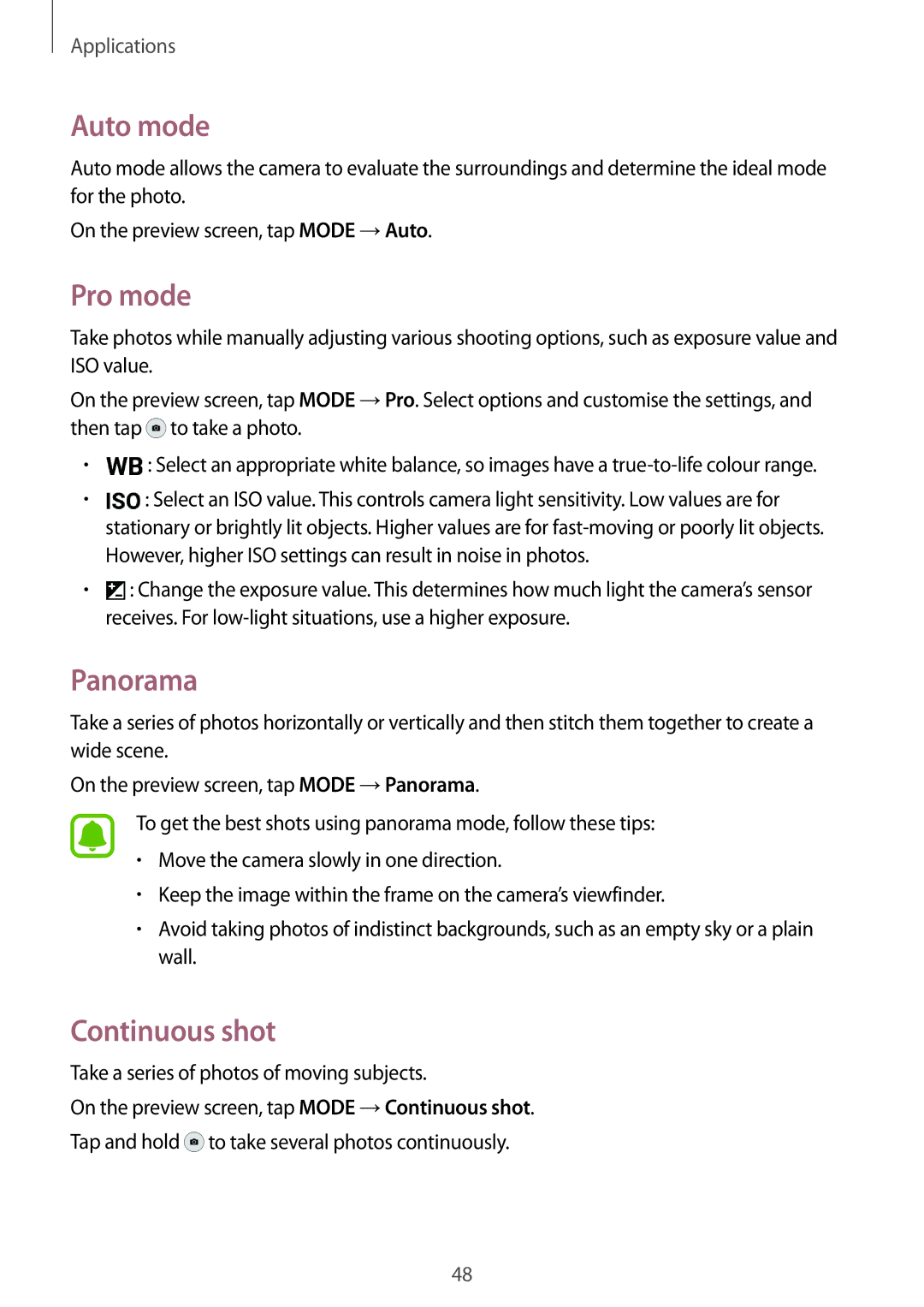 Samsung SM-J500FZWDXEO, SM-J500FZWASEB, SM-J500FZWAEUR, SM-J500FZWADBT manual Auto mode, Pro mode, Panorama, Continuous shot 