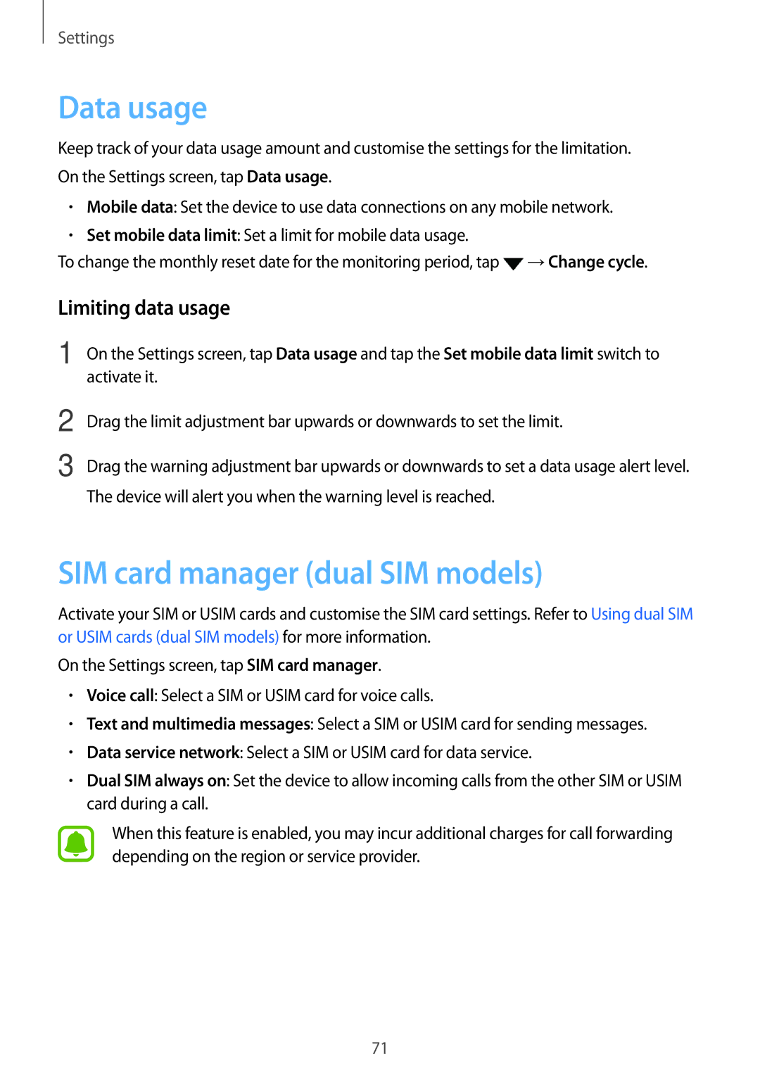 Samsung SM2J500FZWAPAN, SM-J500FZWASEB, SM-J500FZWAEUR Data usage, SIM card manager dual SIM models, Limiting data usage 