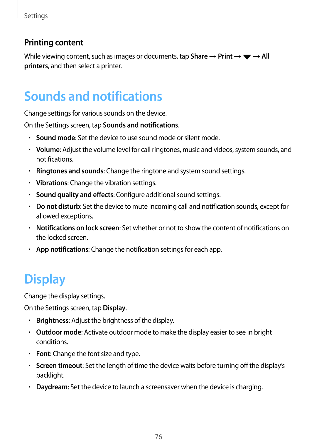 Samsung SM-J500FZWAPAN, SM-J500FZWASEB, SM-J500FZWAEUR, SM-J500FZWADBT Sounds and notifications, Display, Printing content 