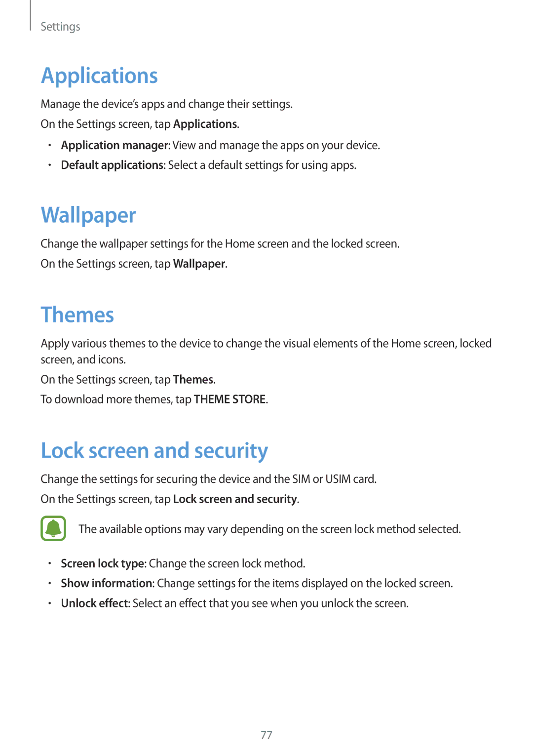 Samsung SM-J500FZWAO2C, SM-J500FZWASEB, SM-J500FZWAEUR manual Applications, Wallpaper, Themes, Lock screen and security 