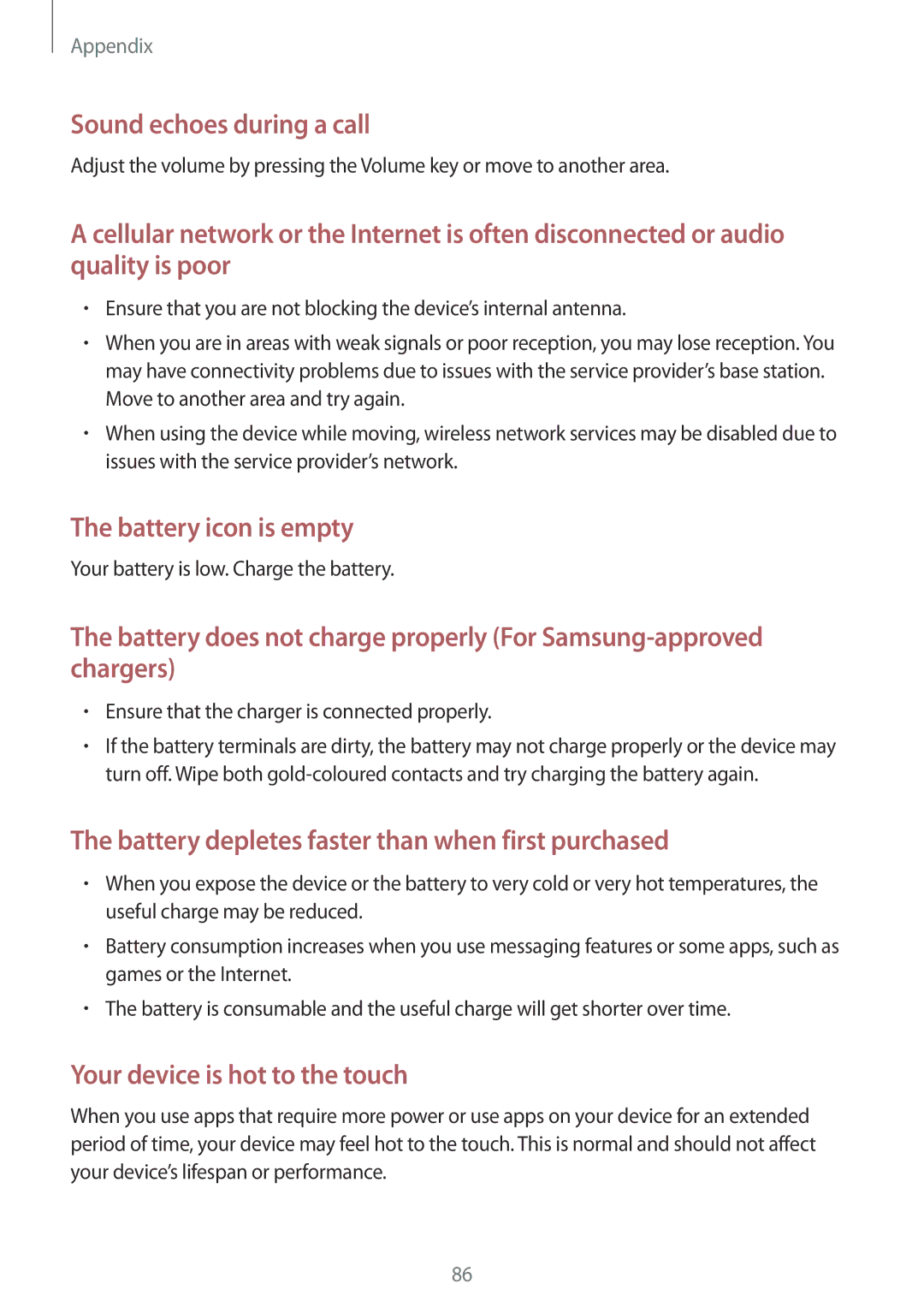 Samsung SM-J500FZWAORX, SM-J500FZWASEB, SM-J500FZWAEUR, SM-J500FZWADBT, SM-J500FZWAATO manual Sound echoes during a call 