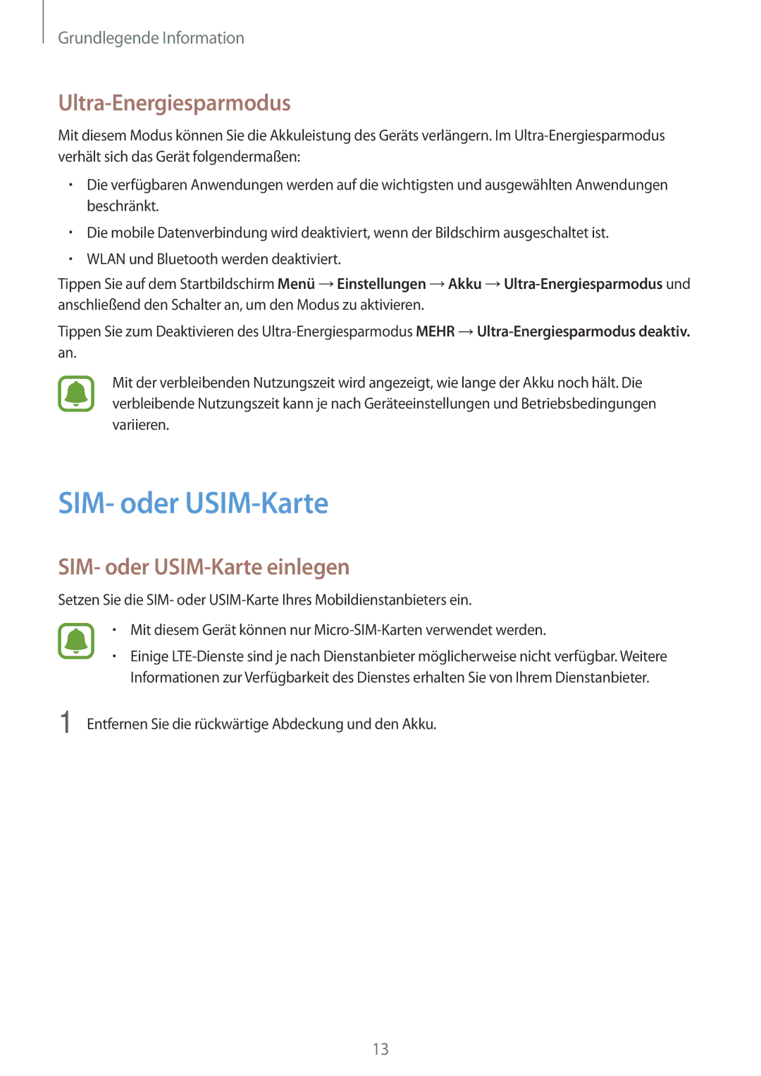 Samsung SM-J500FZDAOPT, SM-J500FZWASEB, SM-J500FZWAEUR manual Ultra-Energiesparmodus, SIM- oder USIM-Karte einlegen 