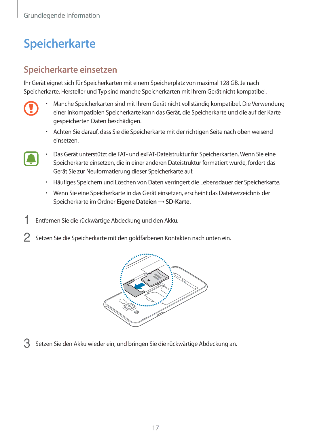 Samsung SM-J500FZWAXEO, SM-J500FZWASEB, SM-J500FZWAEUR, SM-J500FZWADBT, SM-J500FZWAATO manual Speicherkarte einsetzen 