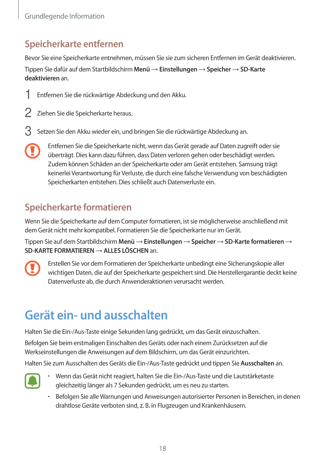 Samsung SM-J500FZKAVGR, SM-J500FZWASEB manual Gerät ein- und ausschalten, Speicherkarte entfernen, Speicherkarte formatieren 