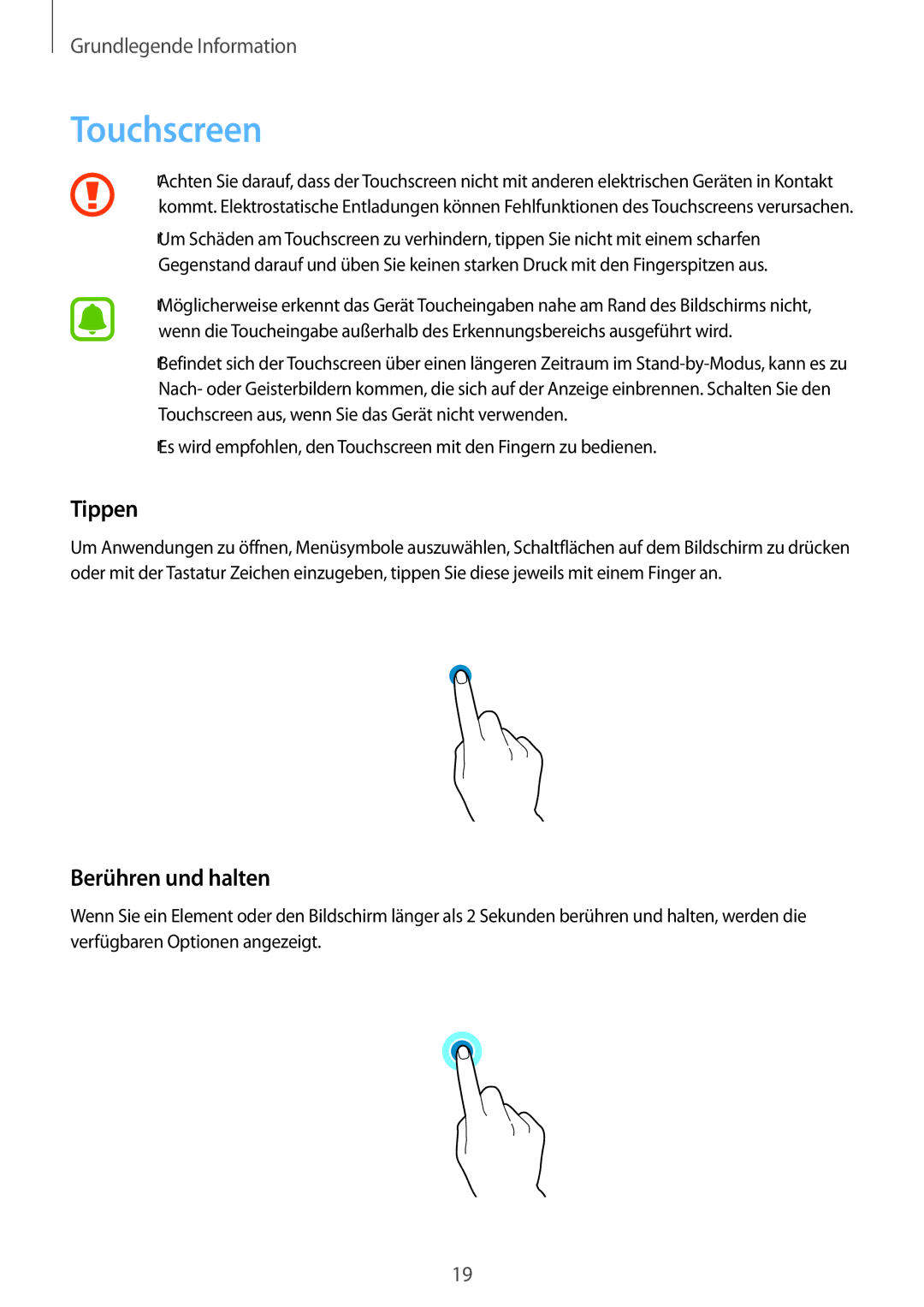 Samsung SM-J500FZDASEB, SM-J500FZWASEB, SM-J500FZWAEUR, SM-J500FZWADBT manual Touchscreen, Tippen, Berühren und halten 