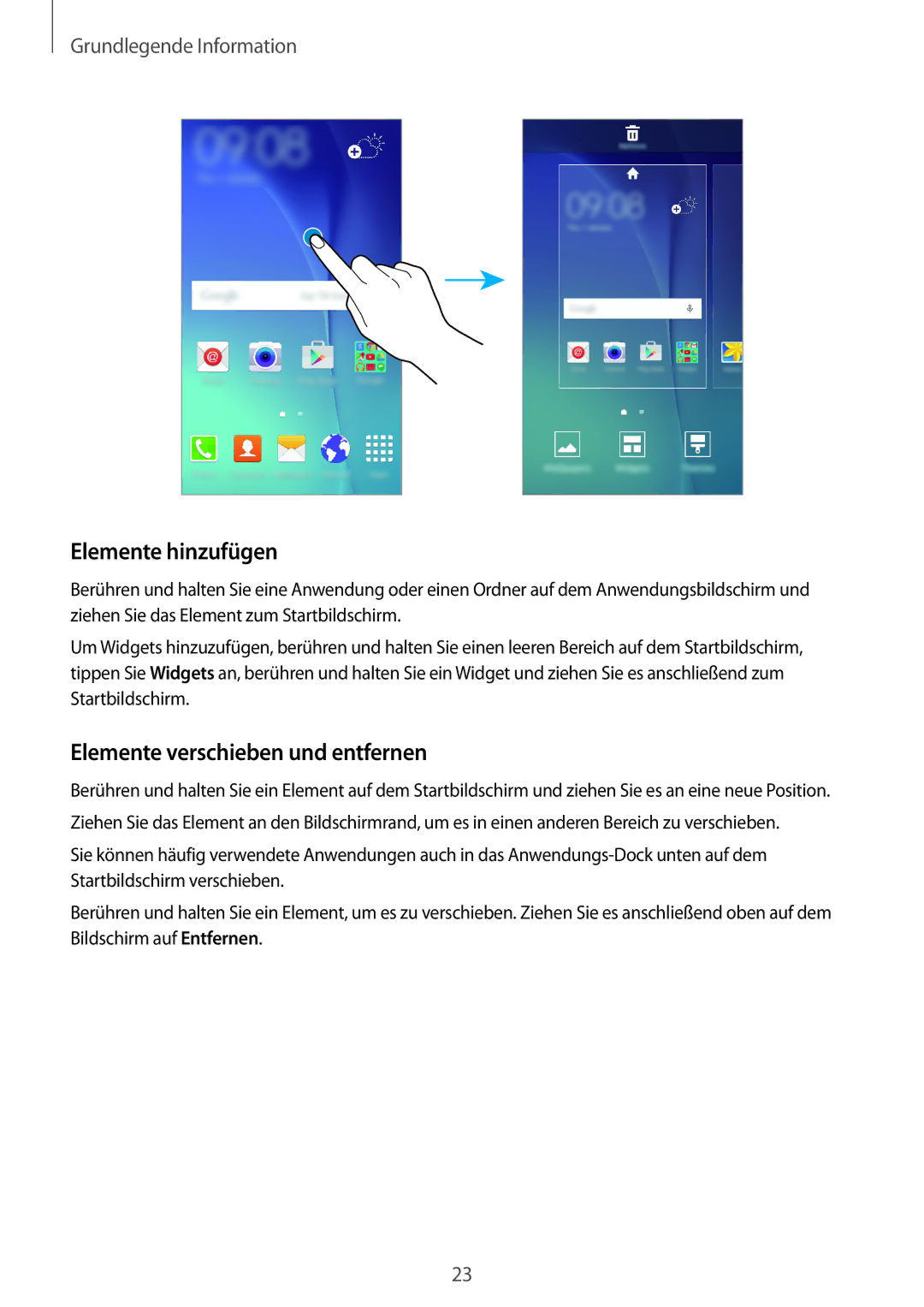 Samsung SM-J500FZKASEB, SM-J500FZWASEB, SM-J500FZWAEUR manual Elemente hinzufügen, Elemente verschieben und entfernen 