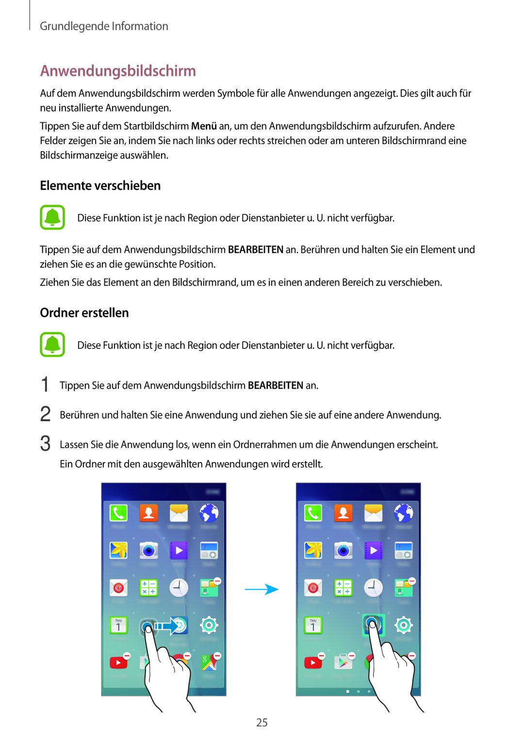 Samsung SM-J500FZKATPH, SM-J500FZWASEB, SM-J500FZWAEUR, SM-J500FZWADBT manual Anwendungsbildschirm, Elemente verschieben 