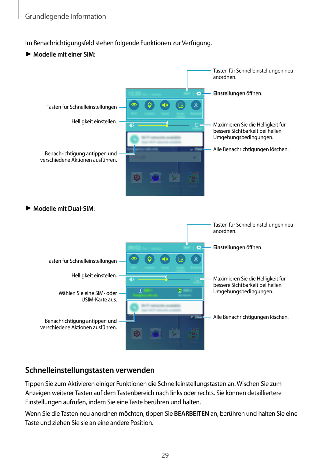 Samsung SM-J500FZWATPH, SM-J500FZWASEB, SM-J500FZWAEUR manual Schnelleinstellungstasten verwenden, Modelle mit einer SIM 