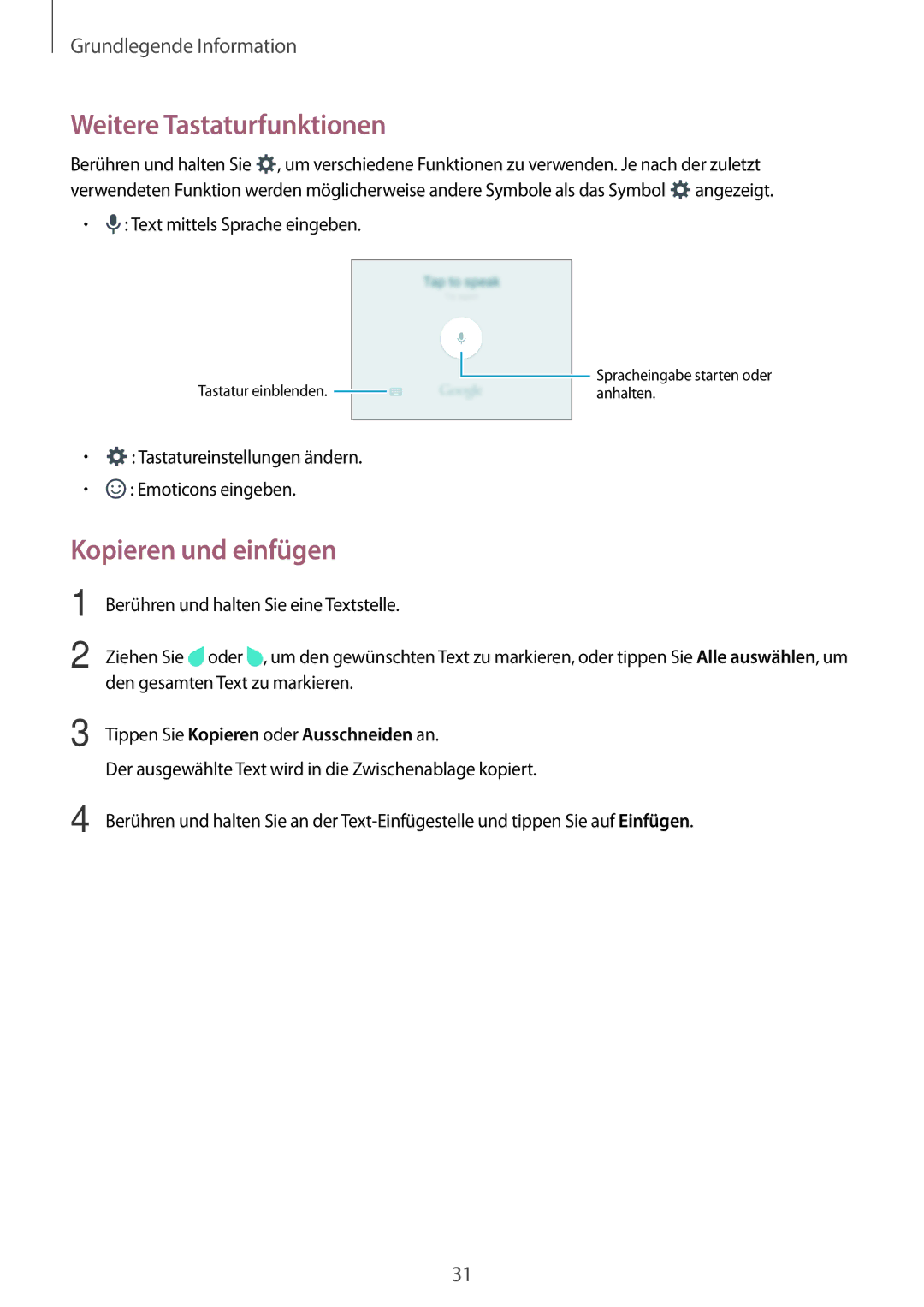 Samsung SM-J500FZKAPRT manual Weitere Tastaturfunktionen, Kopieren und einfügen, Tippen Sie Kopieren oder Ausschneiden an 