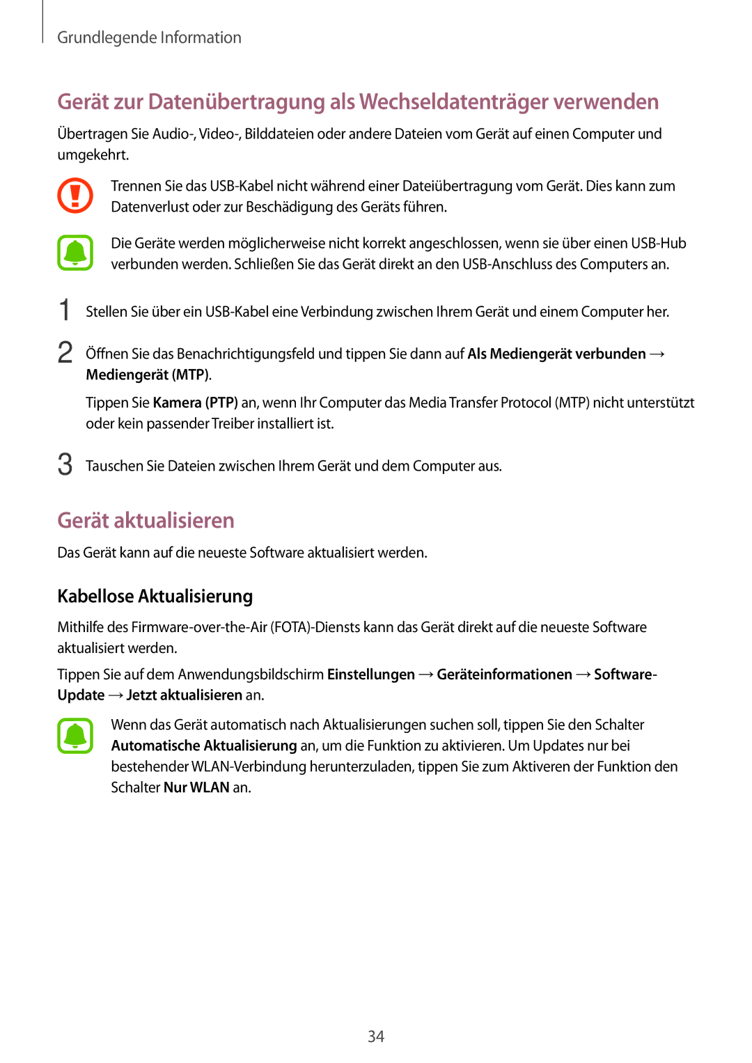 Samsung SM-J500FZDADDE, SM-J500FZWASEB, SM-J500FZWAEUR manual Gerät aktualisieren, Kabellose Aktualisierung, Mediengerät MTP 