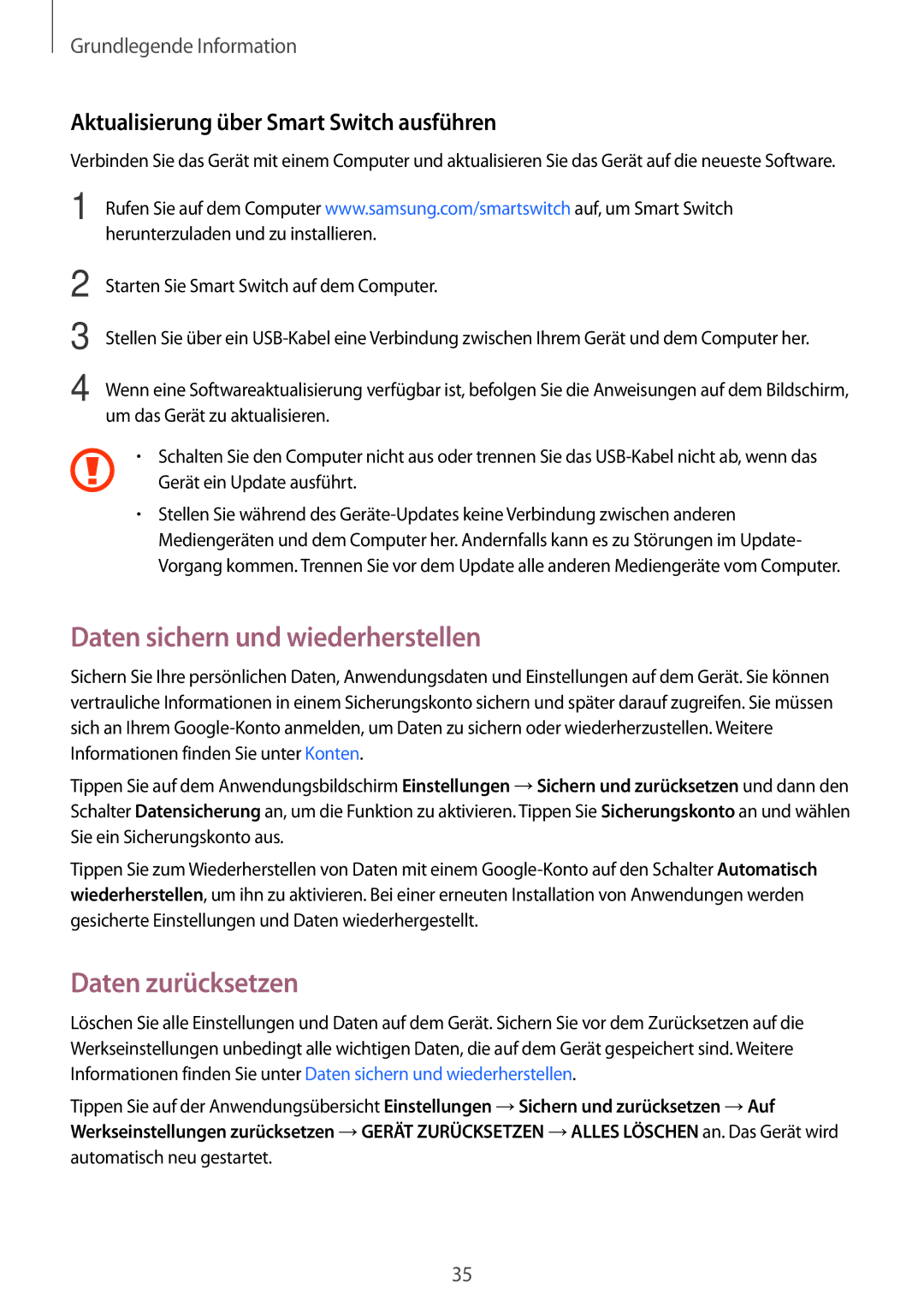 Samsung SM-J500FZDATCL Daten sichern und wiederherstellen, Daten zurücksetzen, Aktualisierung über Smart Switch ausführen 