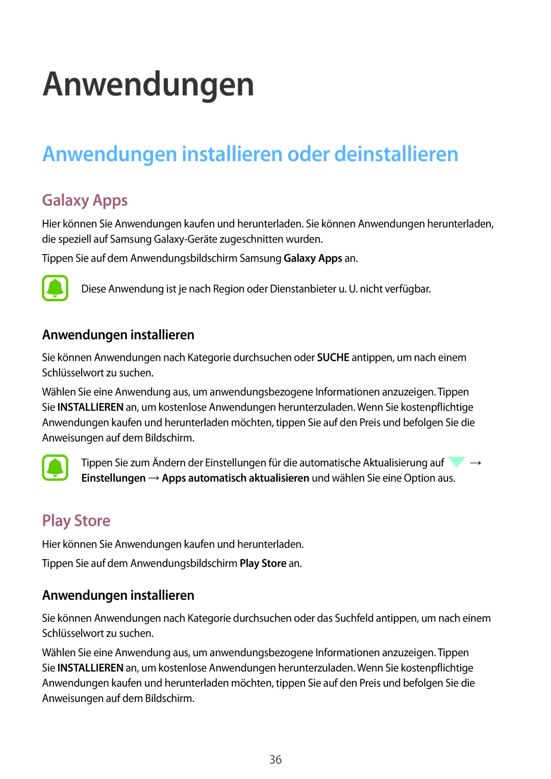 Samsung SM-J500FZDATPH, SM-J500FZWASEB manual Anwendungen installieren oder deinstallieren, Galaxy Apps, Play Store 