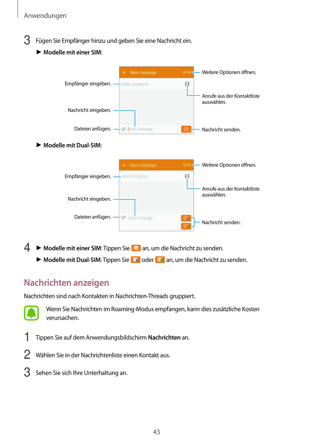 Samsung SM-J500FZKAATO, SM-J500FZWASEB, SM-J500FZWAEUR manual Nachrichten anzeigen, Modelle mit einer SIM Tippen Sie 