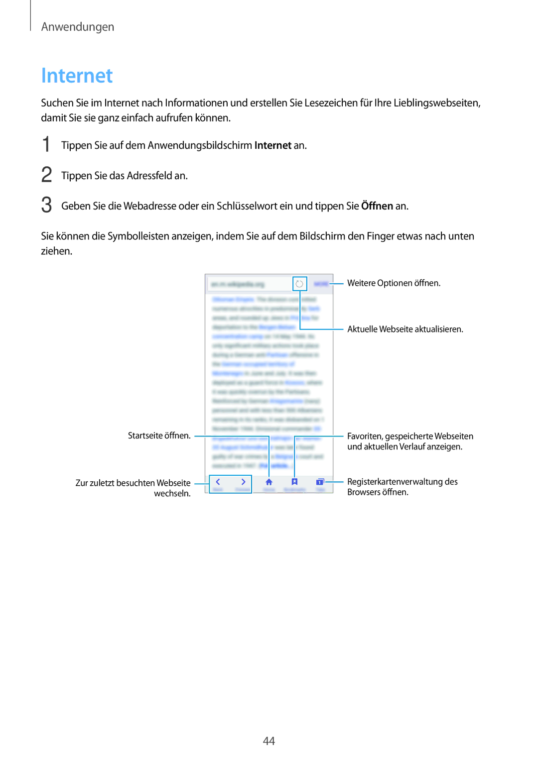 Samsung SM-J500FZDAXEF, SM-J500FZWASEB, SM-J500FZWAEUR, SM-J500FZWADBT, SM-J500FZWAATO manual Internet, Startseite öffnen 