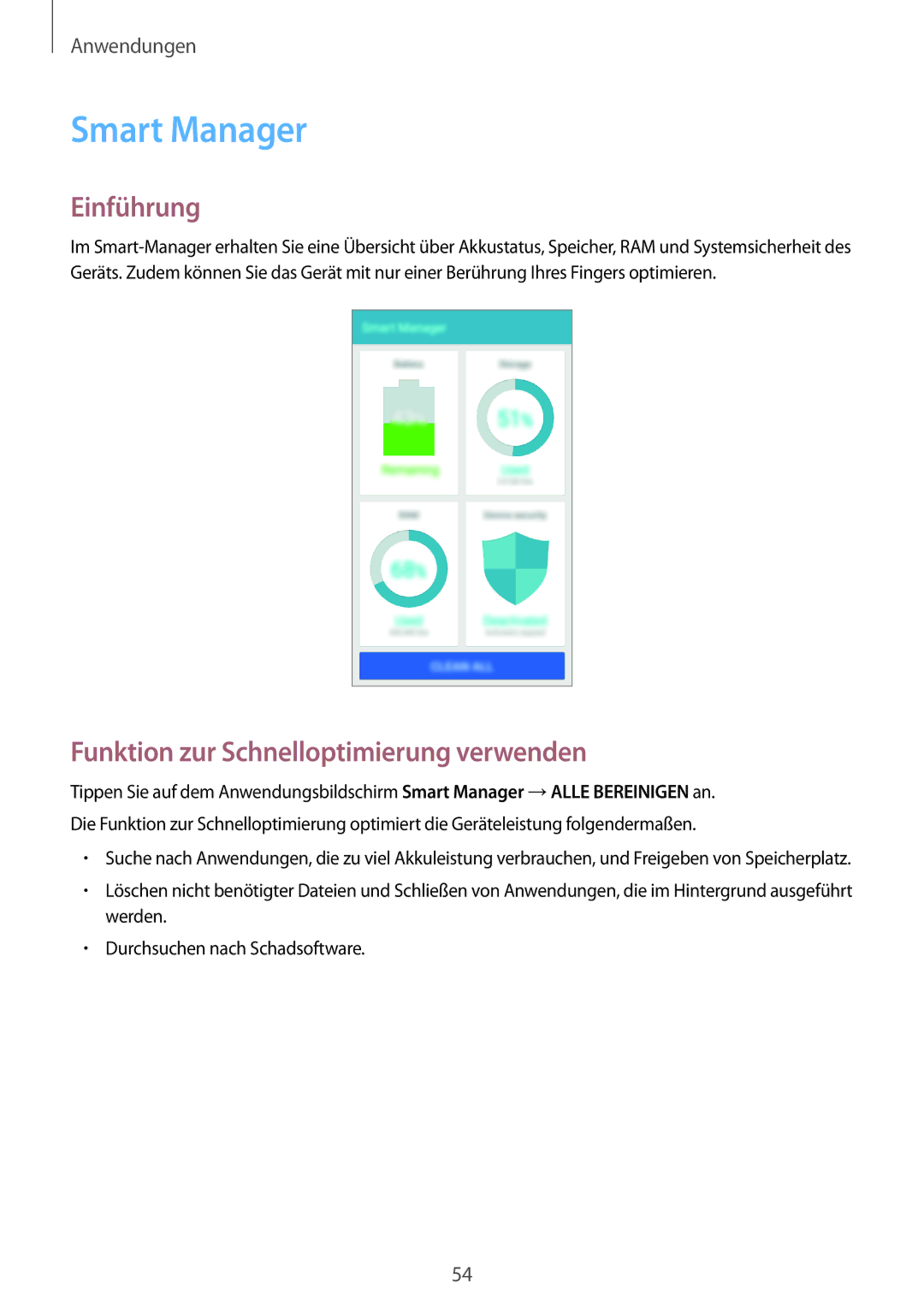 Samsung SM-J500FZWATCL, SM-J500FZWASEB, SM-J500FZWAEUR manual Smart Manager, Funktion zur Schnelloptimierung verwenden 