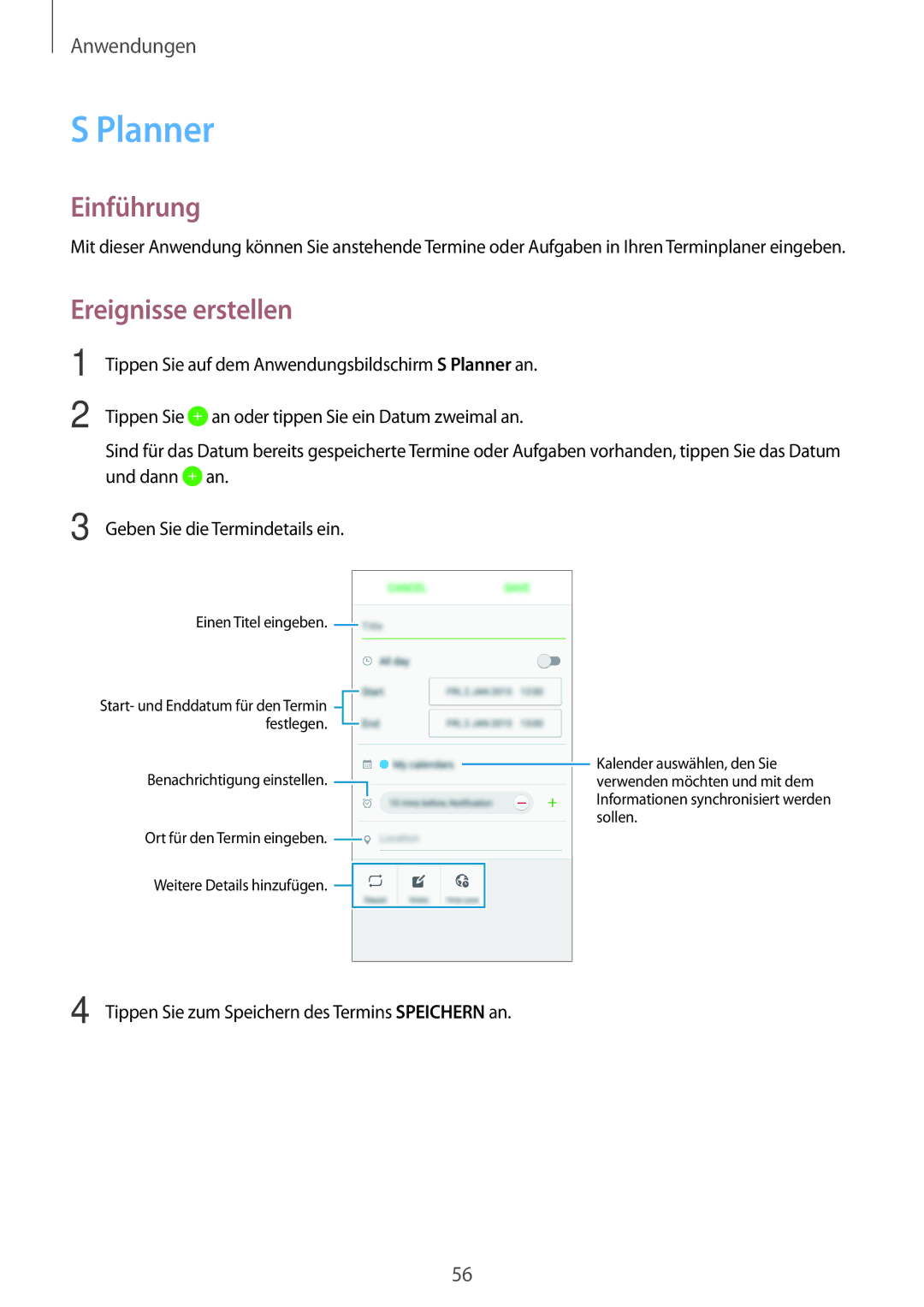 Samsung SM-J500FZKADBT, SM-J500FZWASEB, SM-J500FZWAEUR, SM-J500FZWADBT, SM-J500FZWAATO manual Planner, Ereignisse erstellen 