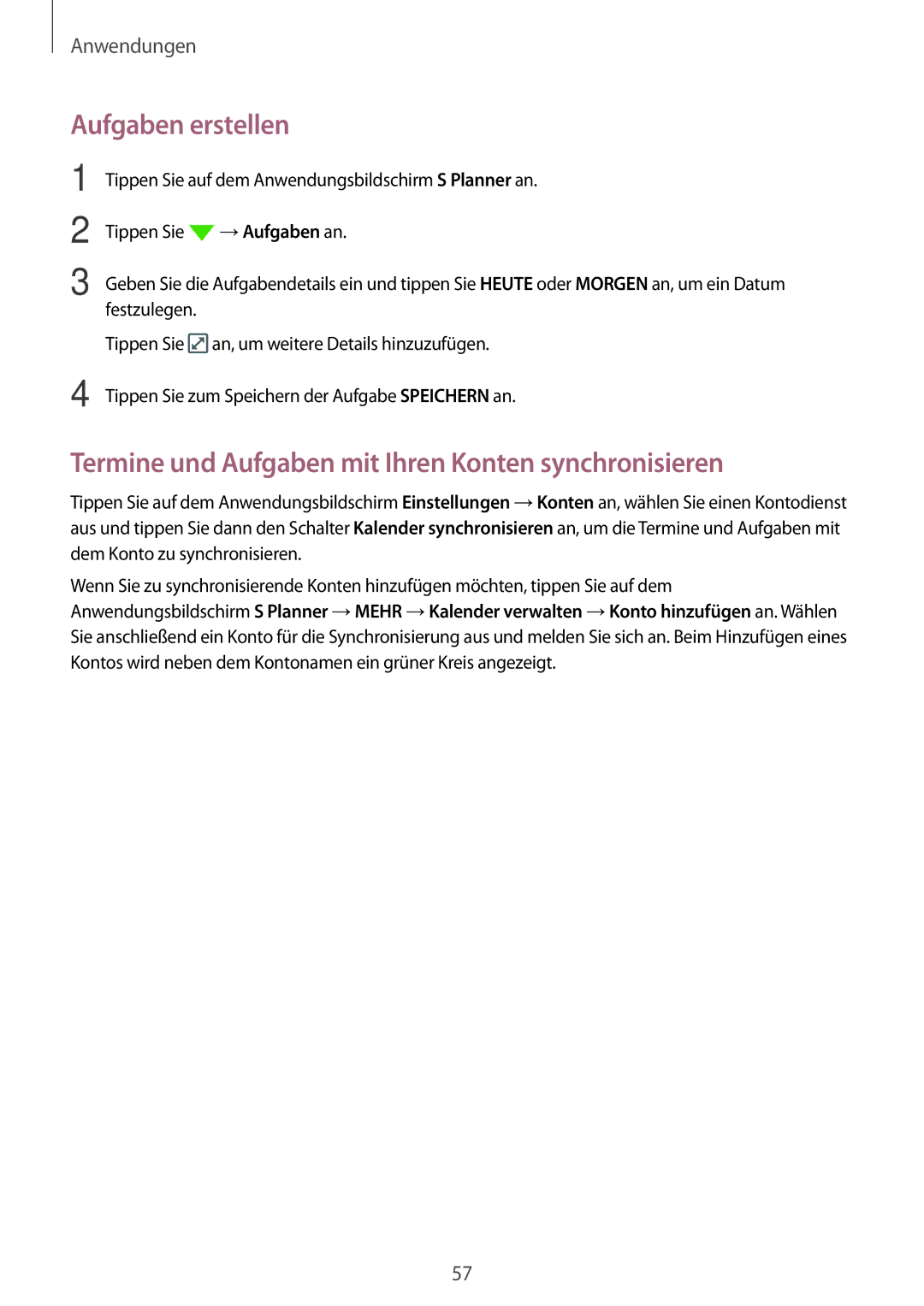 Samsung SM-J500FZKACOS, SM-J500FZWASEB manual Aufgaben erstellen, Termine und Aufgaben mit Ihren Konten synchronisieren 