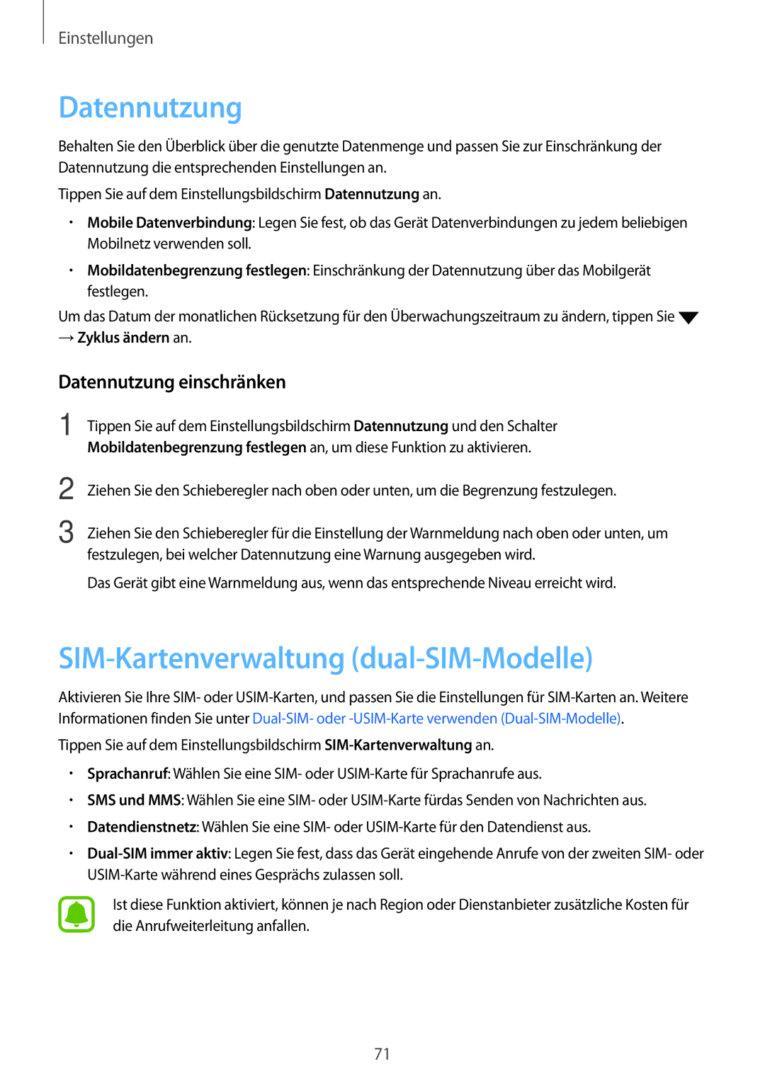 Samsung SM-J500FZWDXEH manual SIM-Kartenverwaltung dual-SIM-Modelle, Datennutzung einschränken, → Zyklus ändern an 