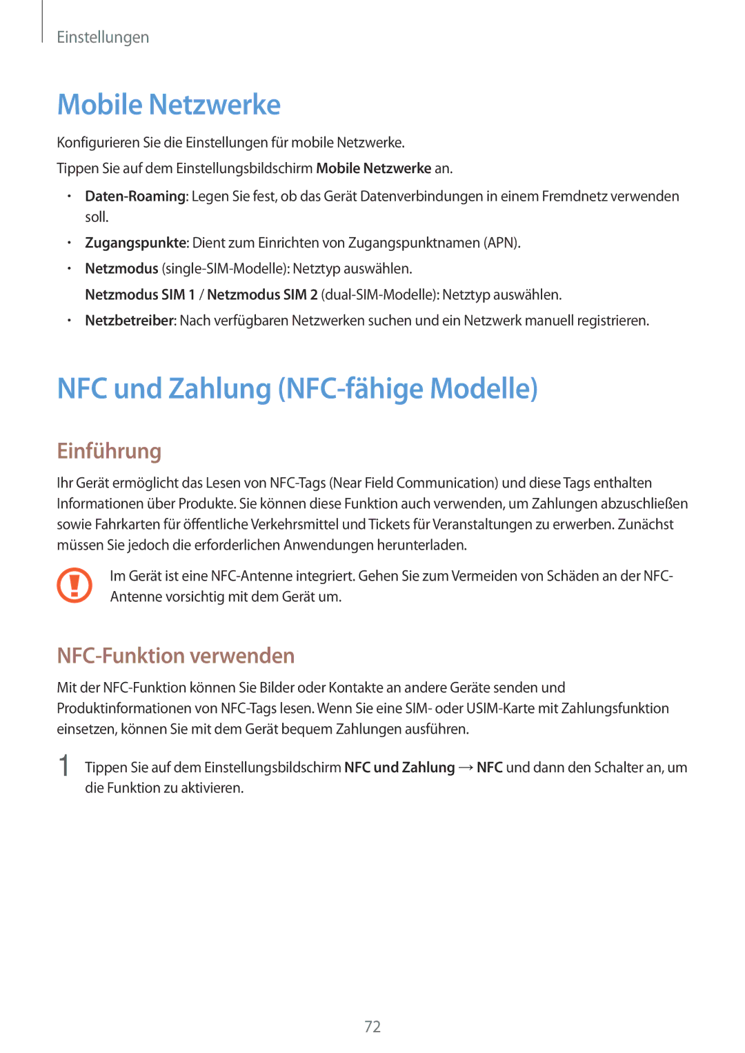 Samsung SM-J500FZKATPH, SM-J500FZWASEB manual Mobile Netzwerke, NFC und Zahlung NFC-fähige Modelle, NFC-Funktion verwenden 