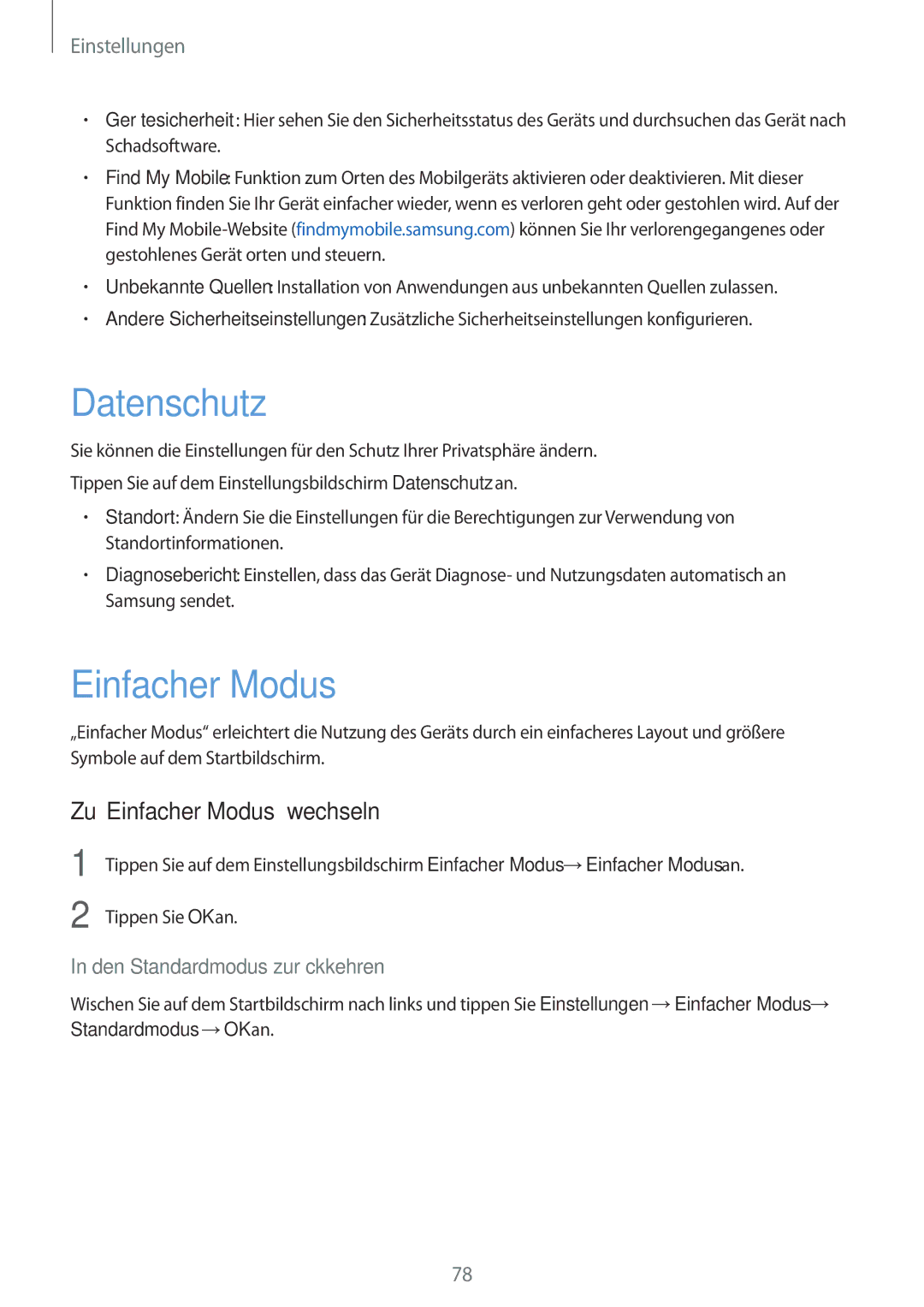 Samsung SM-J500FZKAPRT, SM-J500FZWASEB, SM-J500FZWAEUR, SM-J500FZWADBT manual Datenschutz, Zu„Einfacher Modus wechseln 
