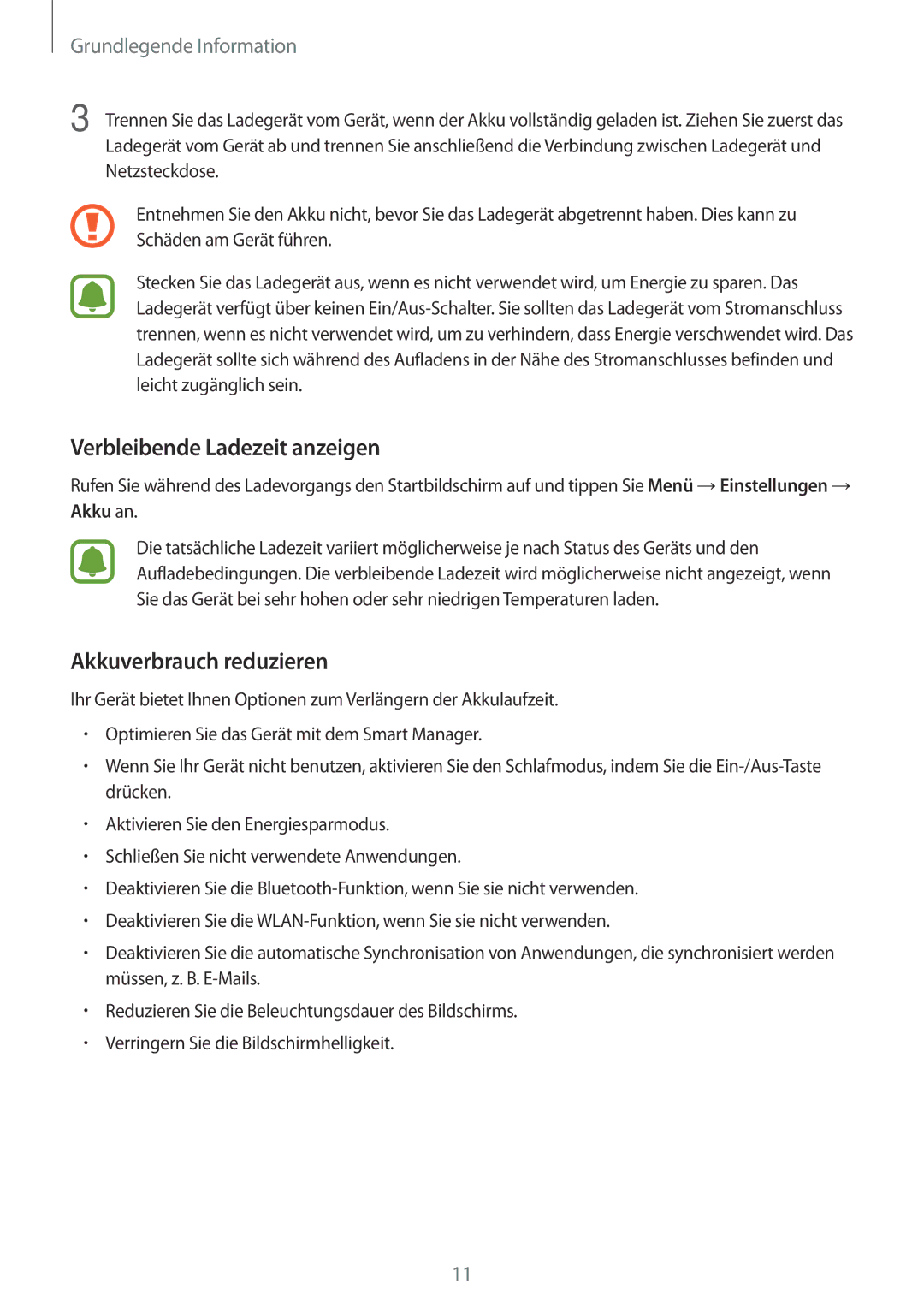 Samsung SM-J500FZDAXEO, SM-J500FZWASEB, SM-J500FZWAEUR manual Verbleibende Ladezeit anzeigen, Akkuverbrauch reduzieren 