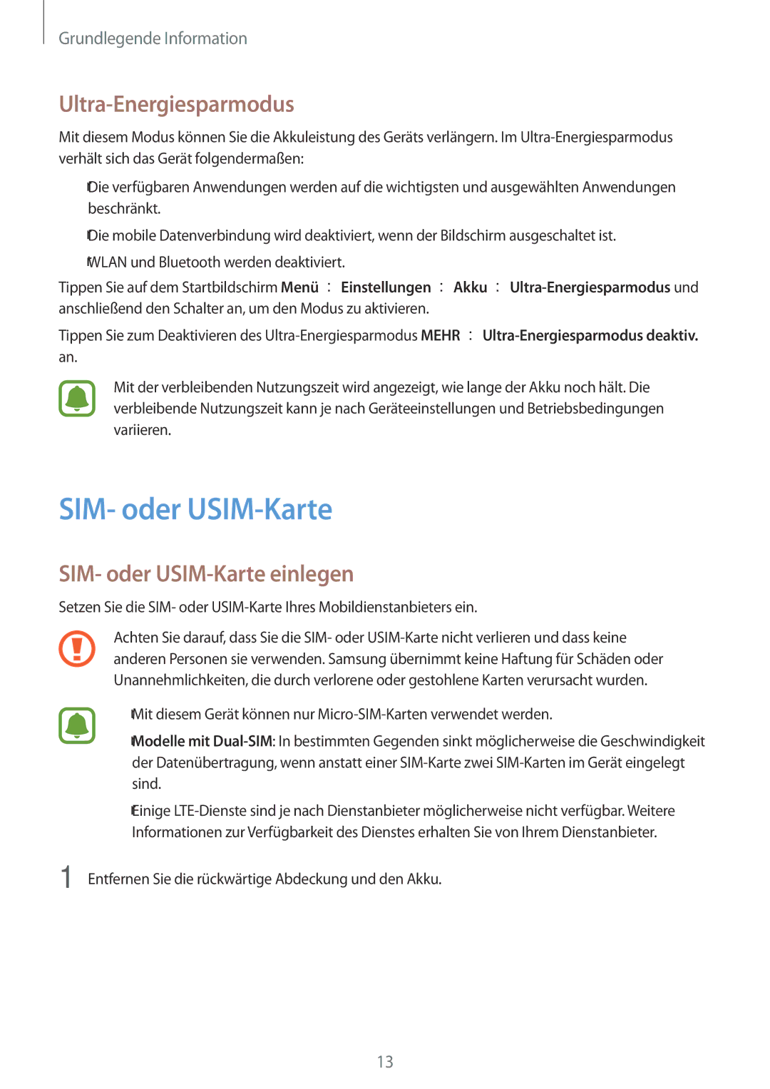 Samsung SM-J500FZDAOPT, SM-J500FZWASEB, SM-J500FZWAEUR manual Ultra-Energiesparmodus, SIM- oder USIM-Karte einlegen 