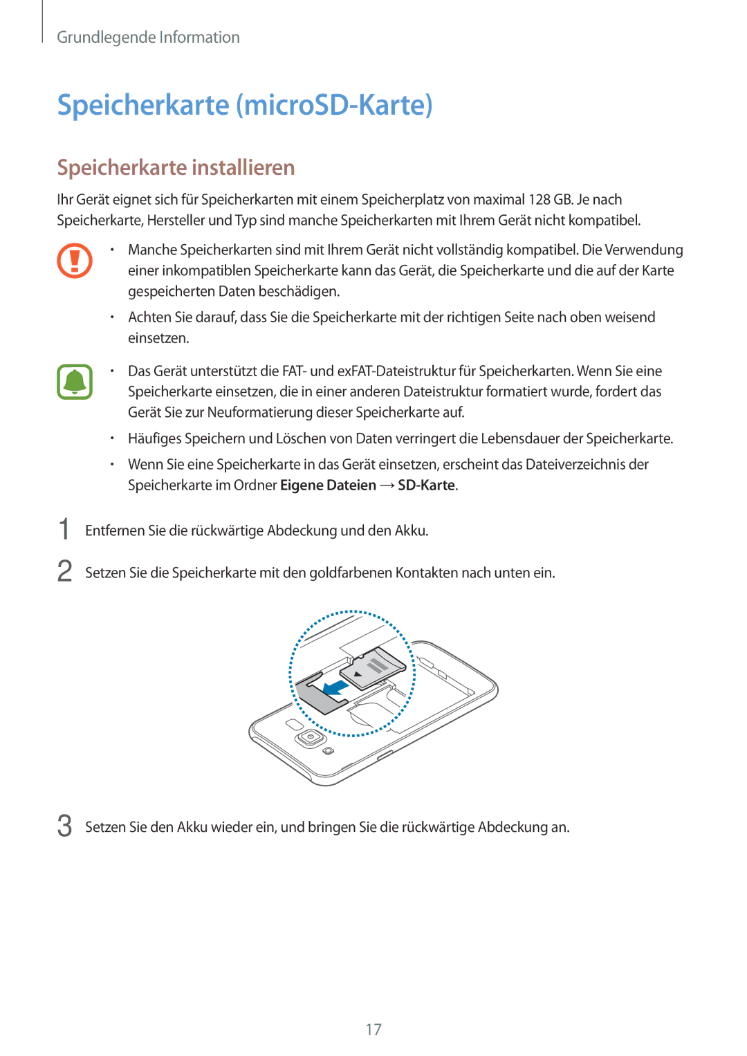 Samsung SM-J500FZWAXEO, SM-J500FZWASEB, SM-J500FZWAEUR manual Speicherkarte microSD-Karte, Speicherkarte installieren 