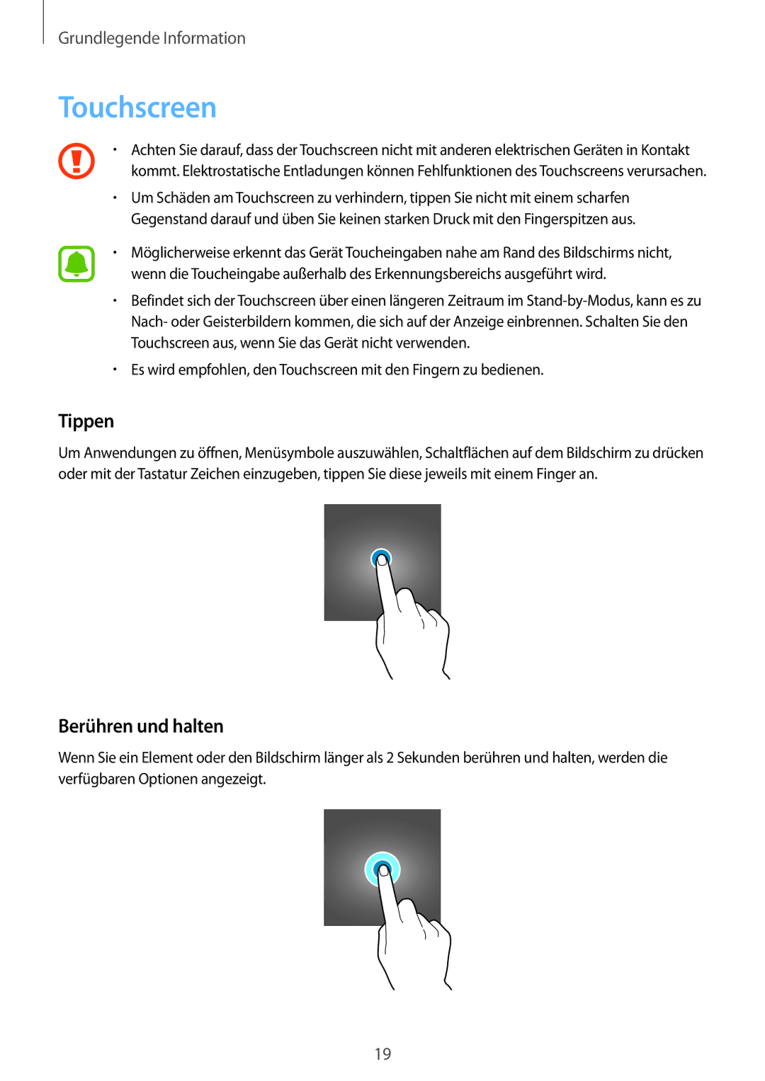 Samsung SM-J500FZDASEB, SM-J500FZWASEB, SM-J500FZWAEUR, SM-J500FZWADBT manual Touchscreen, Tippen, Berühren und halten 