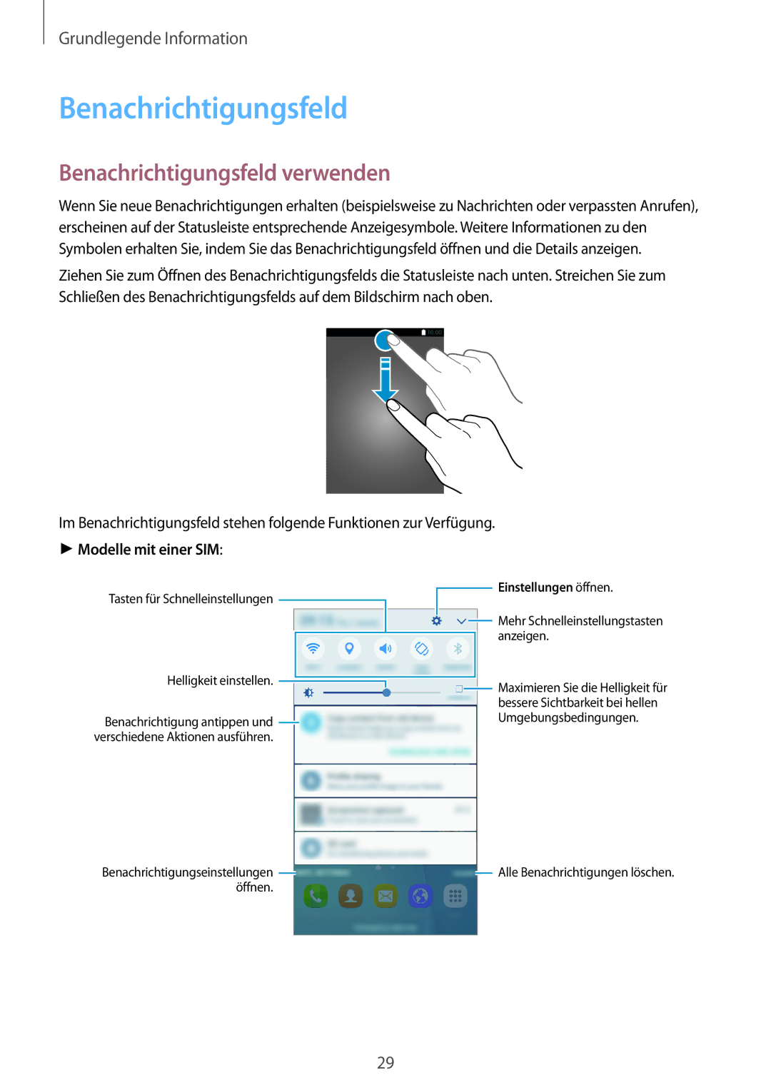 Samsung SM-J500FZWATPH, SM-J500FZWASEB, SM-J500FZWAEUR manual Benachrichtigungsfeld verwenden, Modelle mit einer SIM 