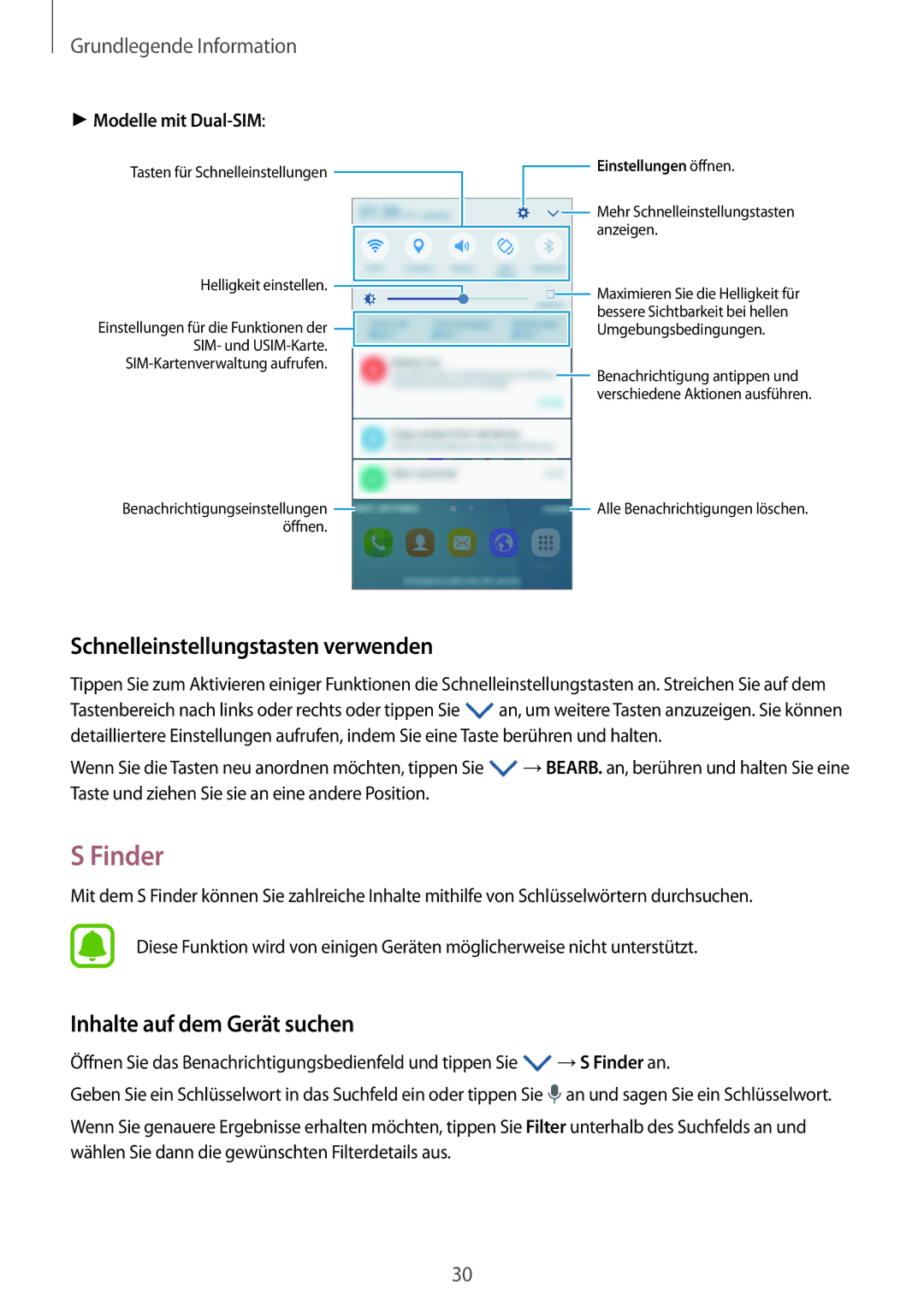 Samsung SM-J500FZKATCL, SM-J500FZWASEB manual Finder, Schnelleinstellungstasten verwenden, Inhalte auf dem Gerät suchen 