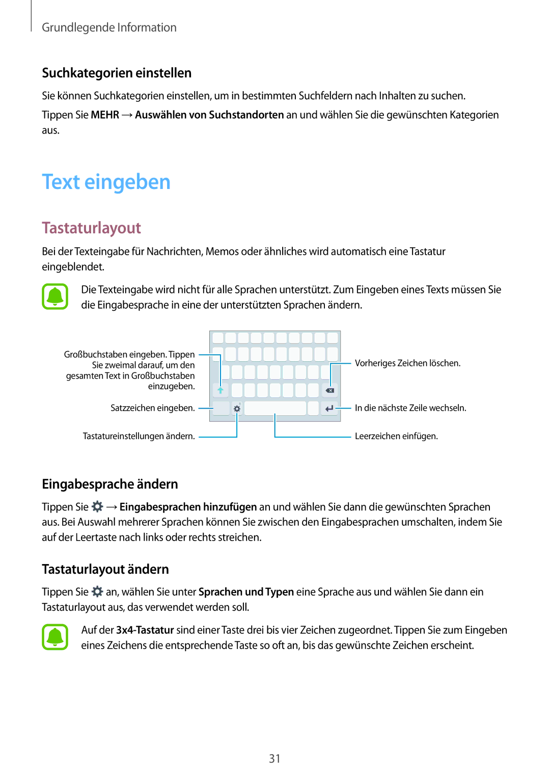 Samsung SM-J500FZKAPRT, SM-J500FZWASEB Text eingeben, Tastaturlayout, Suchkategorien einstellen, Eingabesprache ändern 