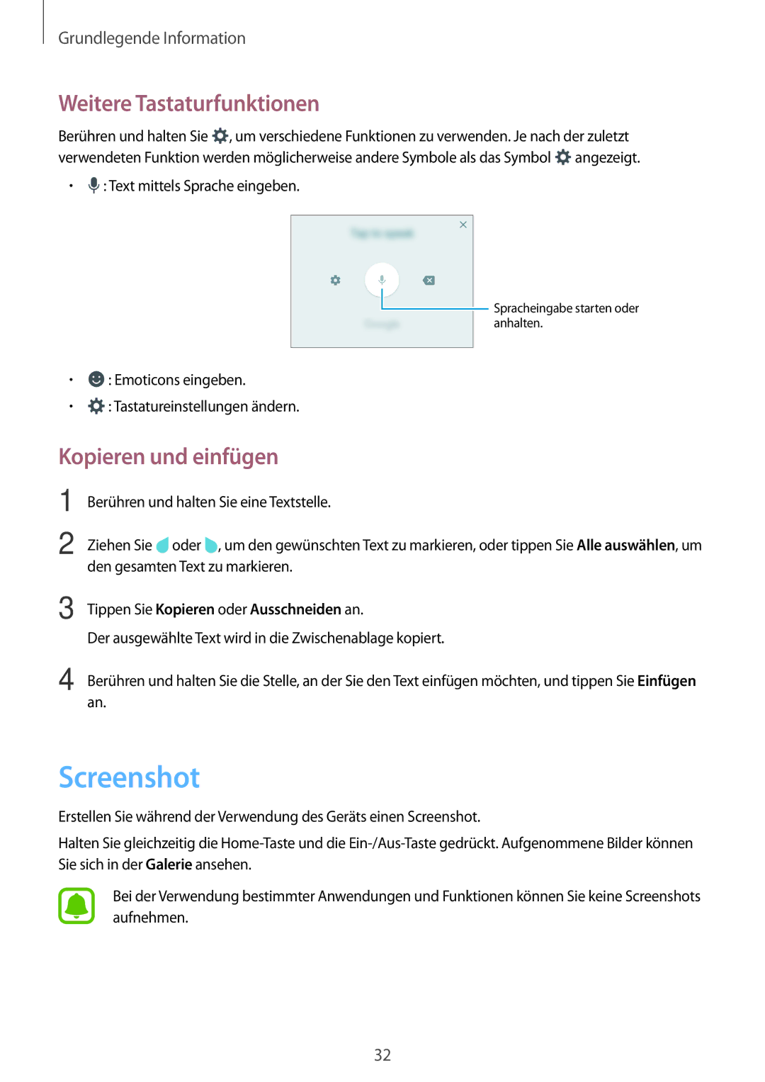 Samsung SM-J500FZKAOPT, SM-J500FZWASEB, SM-J500FZWAEUR manual Screenshot, Weitere Tastaturfunktionen, Kopieren und einfügen 