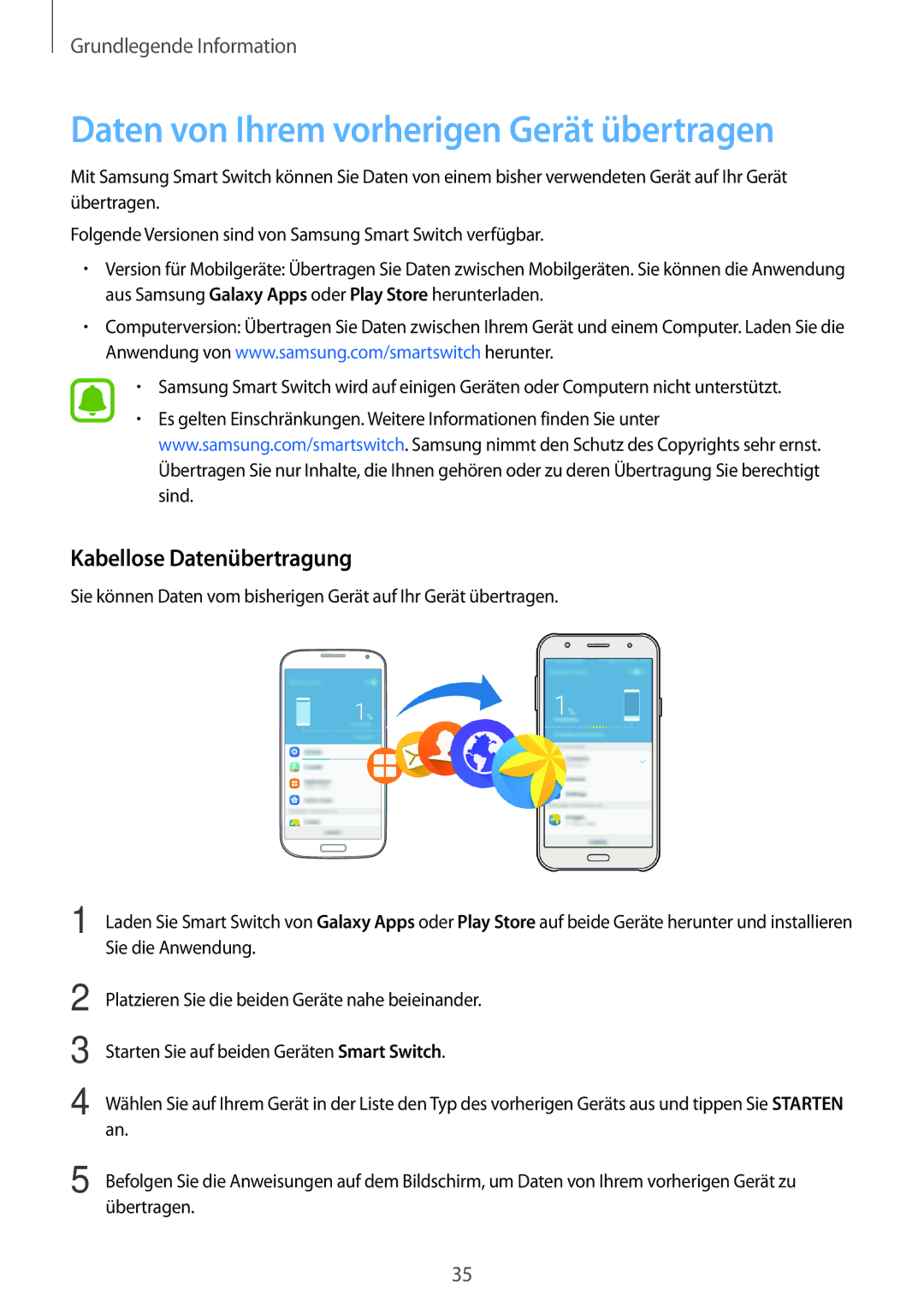 Samsung SM-J500FZDATCL, SM-J500FZWASEB manual Daten von Ihrem vorherigen Gerät übertragen, Kabellose Datenübertragung 