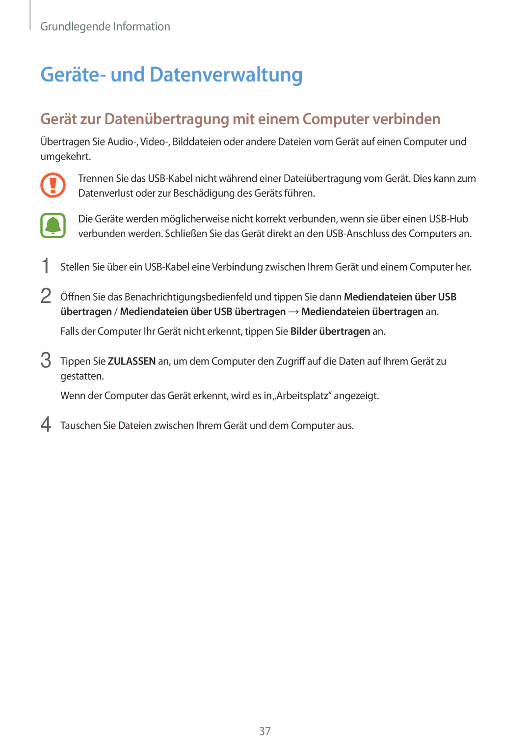 Samsung SM-J500FZWDEUR manual Geräte- und Datenverwaltung, Gerät zur Datenübertragung mit einem Computer verbinden 