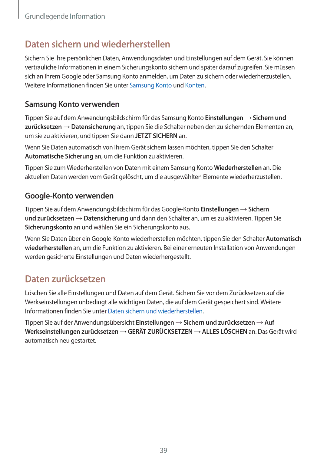 Samsung SM-J500FZWAVGR, SM-J500FZWASEB Daten sichern und wiederherstellen, Daten zurücksetzen, Samsung Konto verwenden 